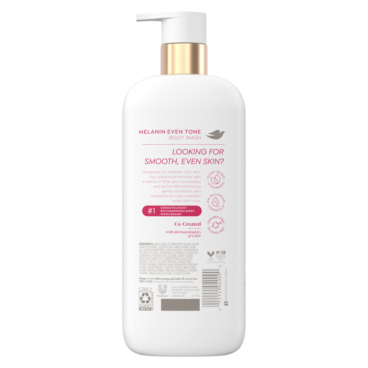 The Dove Melanin Even Skin Tone Body Wash features a white bottle with a pump, highlighting benefits for smooth, even skin, especially for melanated skin. Co-created with dermatologists, this exfoliating wash with 5% Pro-Ceramide Serum and BHA is ethically crafted and PETA certified.