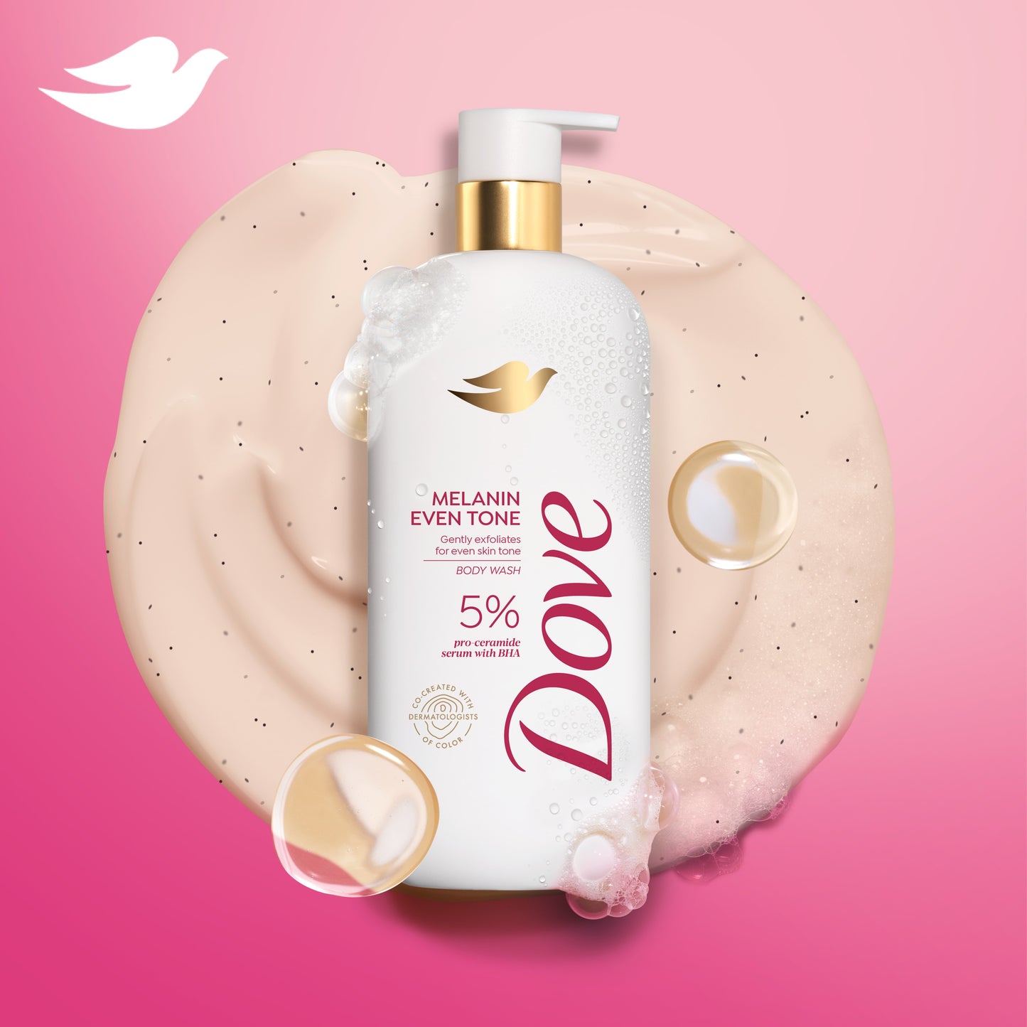 Dove Melanin Even Skin Tone Body Wash features 5% Pro-Ceramide Serum with BHA. It is designed for melanated skin and comes in a white bottle with red and gold text, surrounded by creamy liquid and bubbles on a pink background. The Dove logo is prominently displayed at the top left corner.