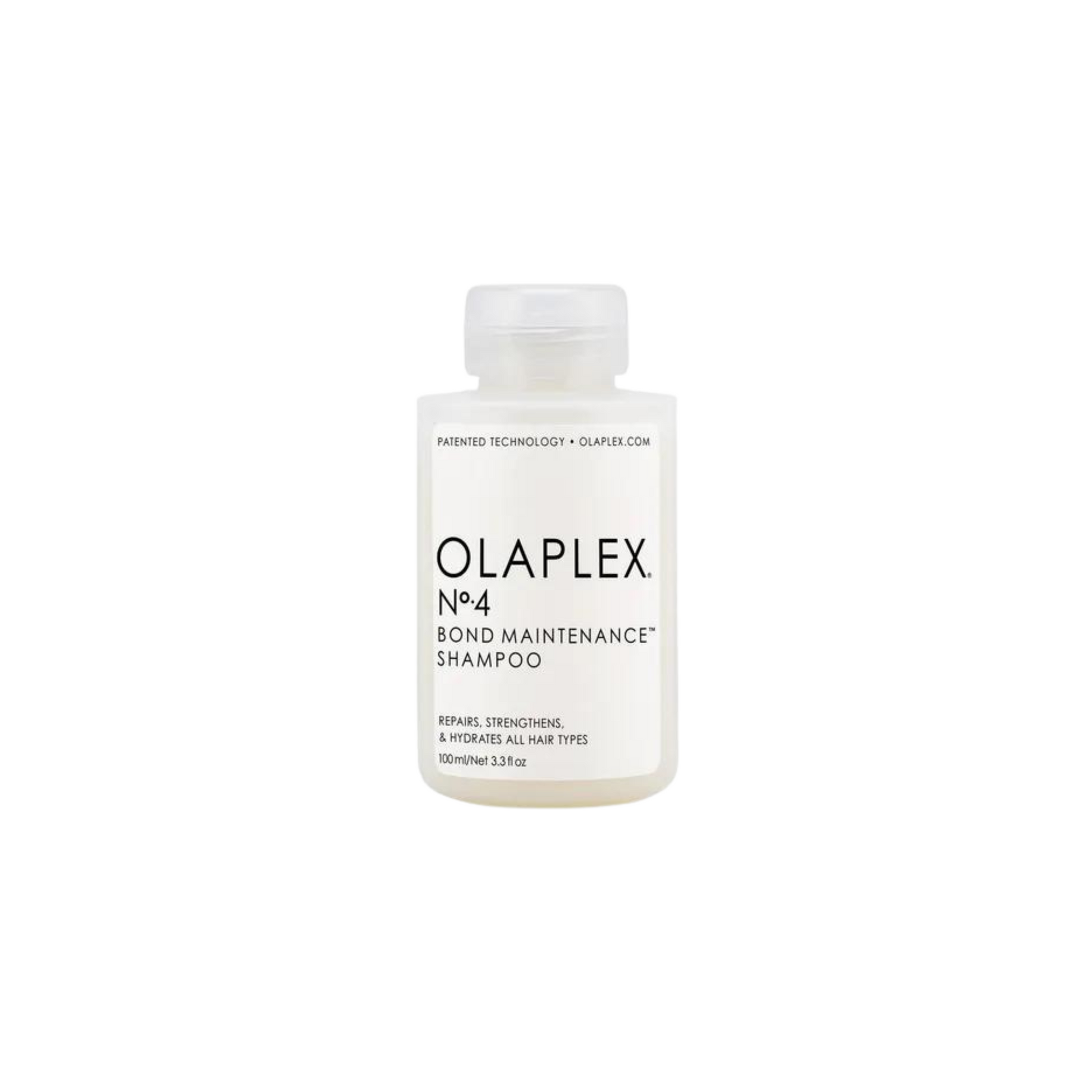 OLAPLEX No.4 Bond Maintenance Shampoo 100ml, part of the 3-4-5 Bond Maintenance System, is designed to repair bonds, strengthen, and hydrate all hair types. The white bottle features black text with a clear cap.