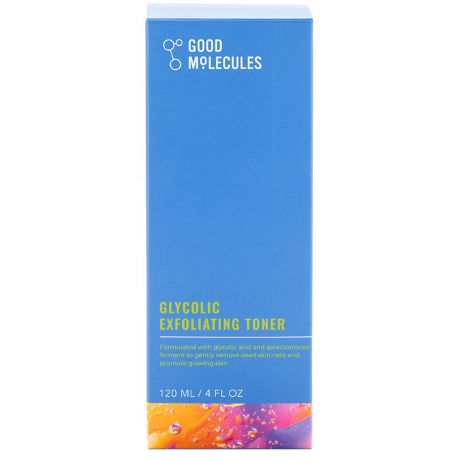 The Good Molecules Glycolic Exfoliating Toner, 120 ml / 4 fl oz, features a blue box with a colorful abstract design at the bottom. With glycolic acid and galactomyces ferment, it promises effective exfoliation for glowing skin.