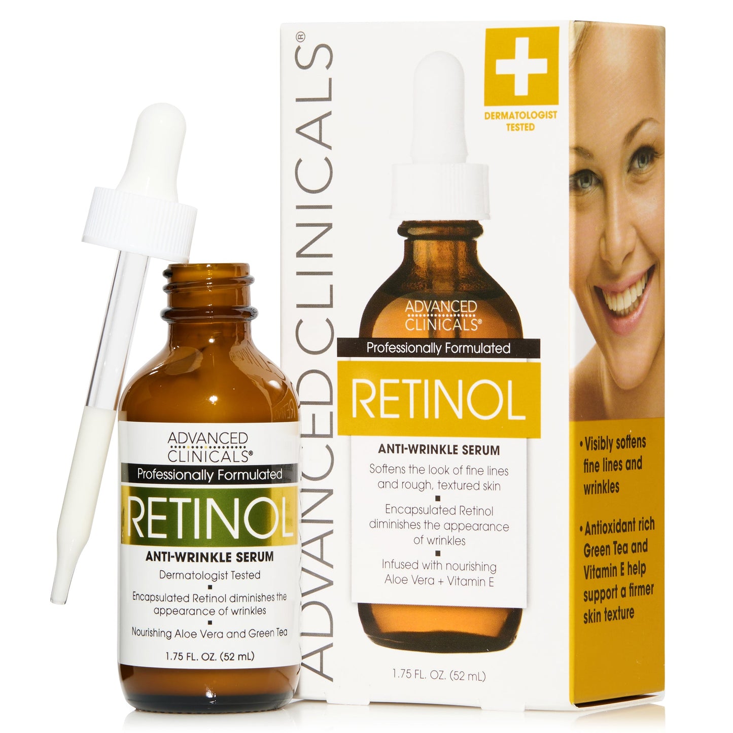 Retinol anti-wrinkle serum with dropper and packaging on a white background