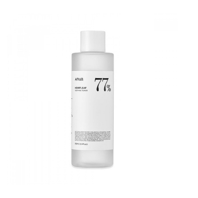 A clear plastic bottle with a white cap labeled “ANUA Heartleaf 77% Soothing Toner 250ml” from Anua, features minimalist black text on white. This mostly transparent toner contains 77% Houttuynia Cordata for a calming, soothing effect.