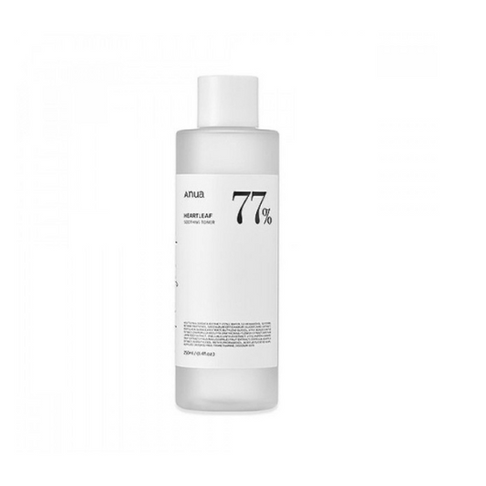 A clear plastic bottle with a white cap labeled “ANUA Heartleaf 77% Soothing Toner 250ml” from Anua, features minimalist black text on white. This mostly transparent toner contains 77% Houttuynia Cordata for a calming, soothing effect.