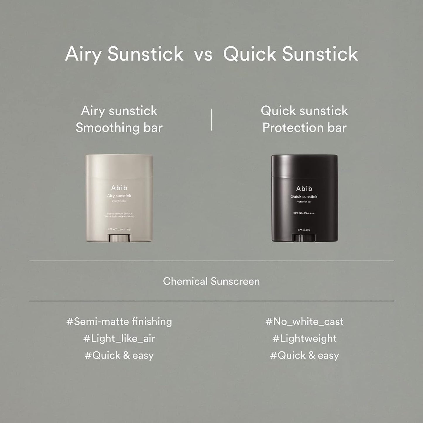 Comparison image of two sunsticks: Abibs Airy Sunstick Smoothing Bar (beige) offers a semi-matte finish, while the Quick Sunstick (black) provides robust SPF50+ PA++++ protection. Both are lightweight, easy-to-use organic sun sticks with no white cast.