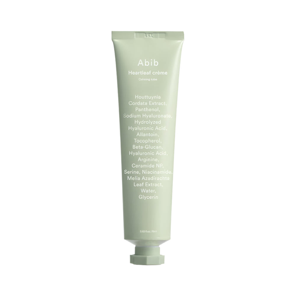 The Abib Heartleaf Creme Calming Tube is a 75ml pale green tube featuring the renowned K-Beauty ingredient Heartleaf, along with Panthenol and Hyaluronic Acid, ideal for soothing Korean skincare rituals.