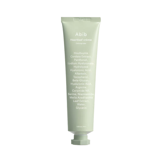 The Abib Heartleaf Creme Calming Tube is a 75ml pale green tube featuring the renowned K-Beauty ingredient Heartleaf, along with Panthenol and Hyaluronic Acid, ideal for soothing Korean skincare rituals.