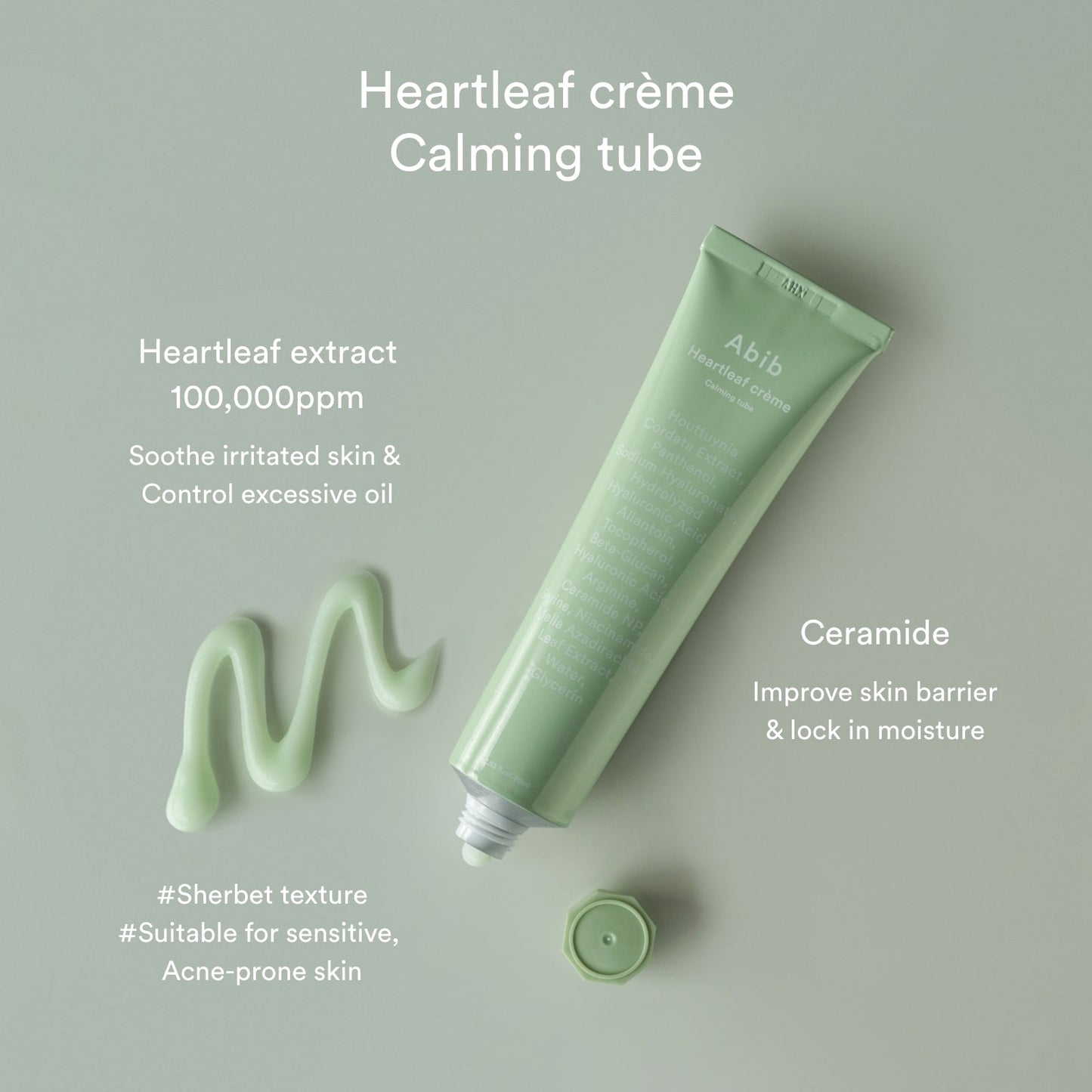 An open Abib Heartleaf Creme Calming Tube (75ml) displays a swirl of cream, showcasing its K-Beauty benefits: heartleaf extract for soothing irritated skin and ceramide for moisture and improved skin barrier.