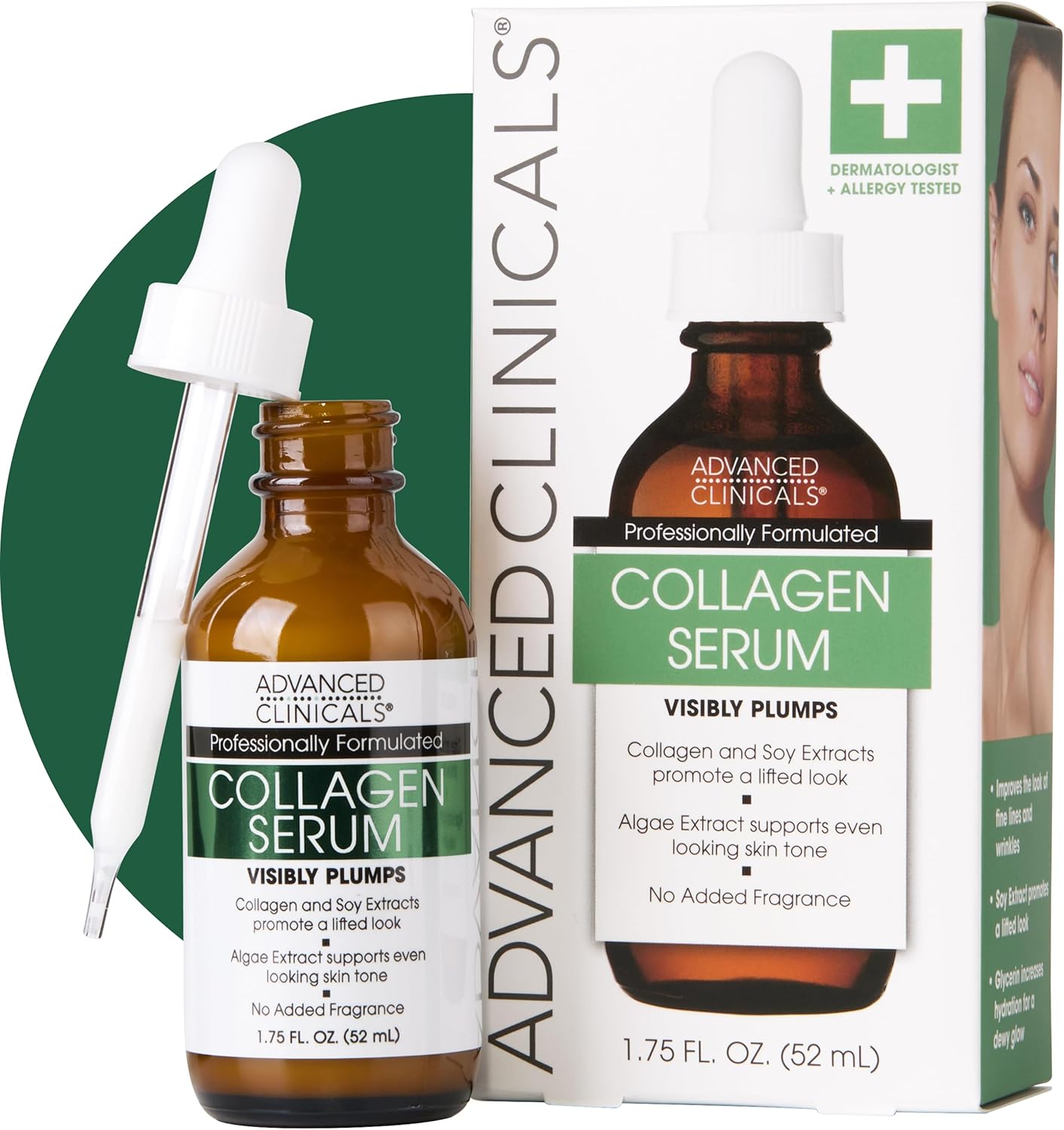 Collagen serum bottle and packaging with dropper on a white background