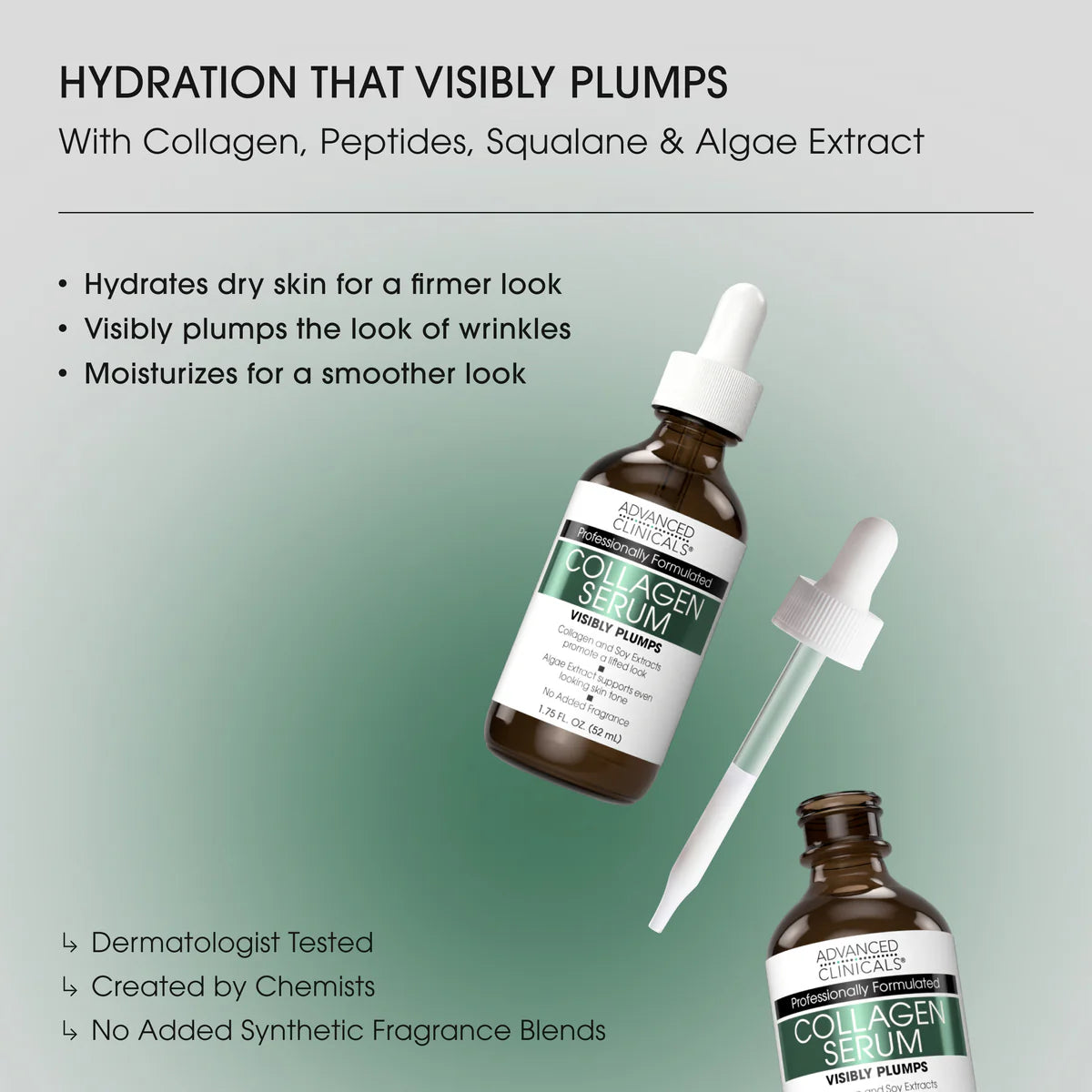 Collagen serum bottles with droppers on a light green background