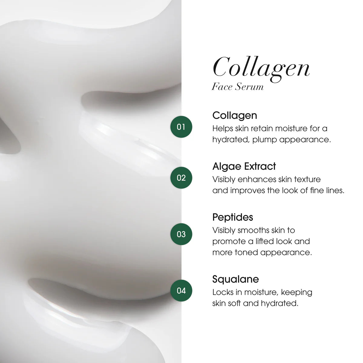 Collagen face serum with benefits listed on a white background