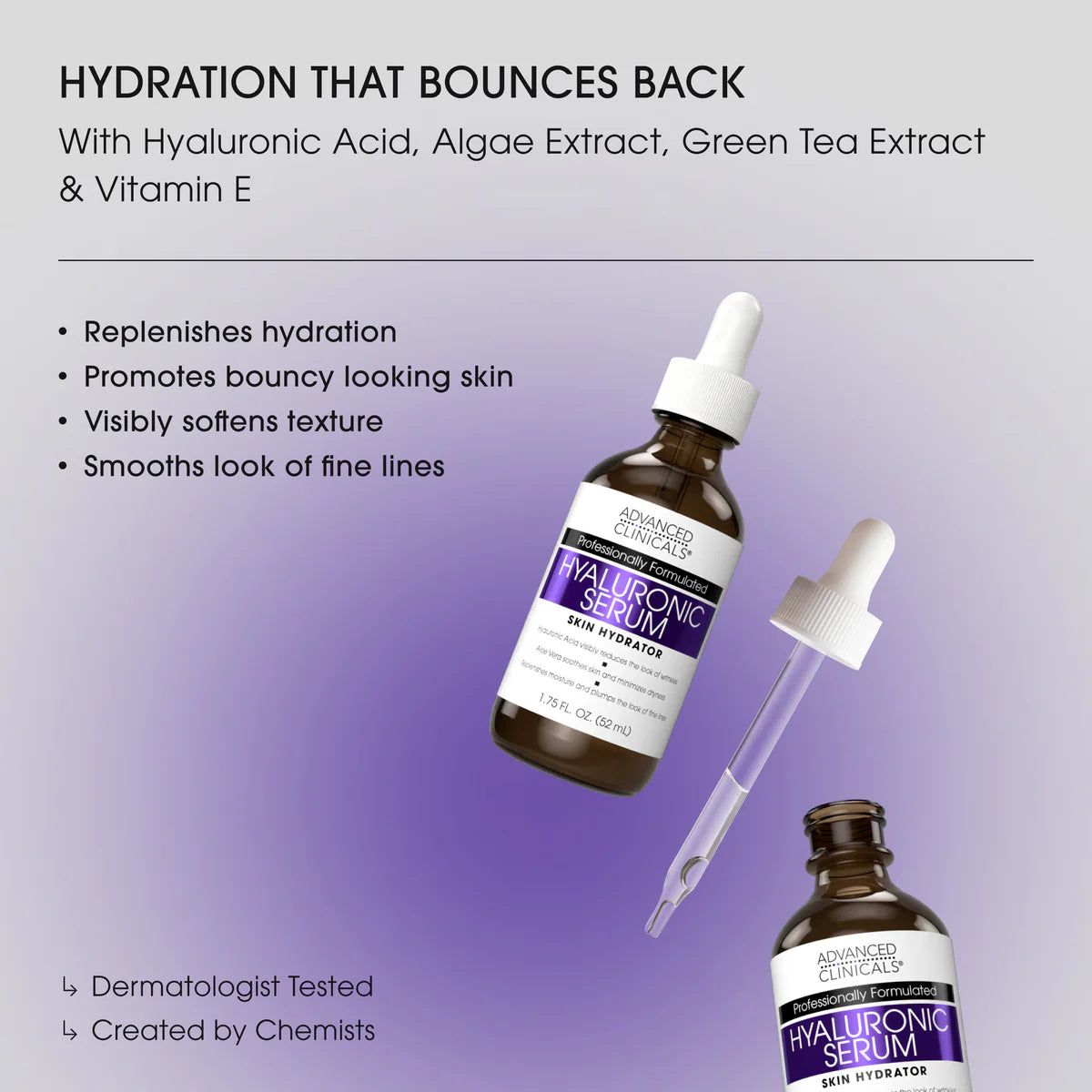 Hyaluronic Serum bottle with dropper on a purple background