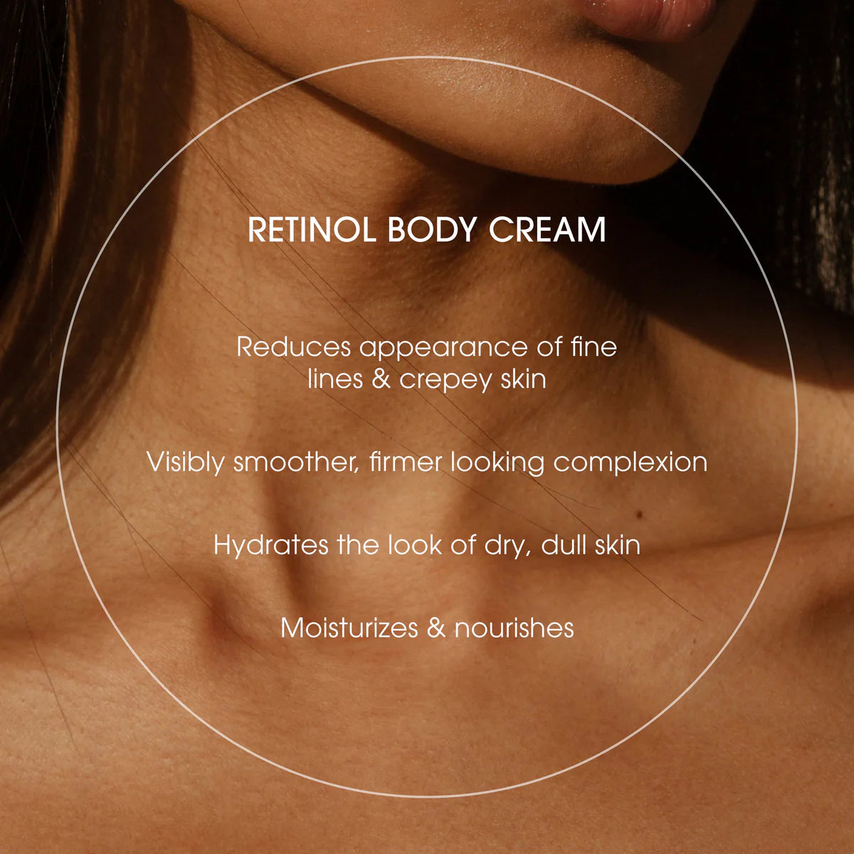 Advertisement for retinol body cream showing a close-up of skin with text highlighting benefits.