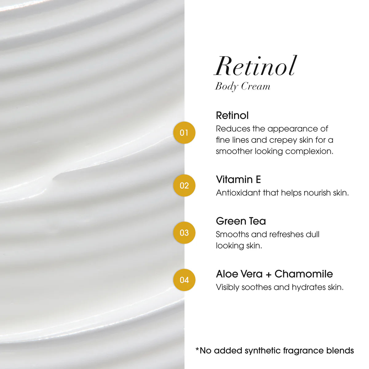 Retinol body cream with ingredients listed on a white background