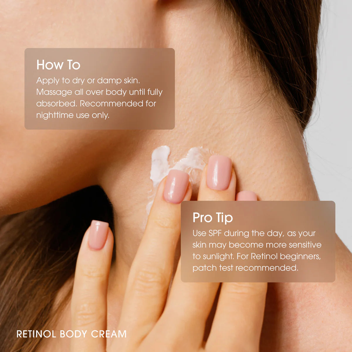 Close-up of a person applying retinol body cream with text instructions on skin care.