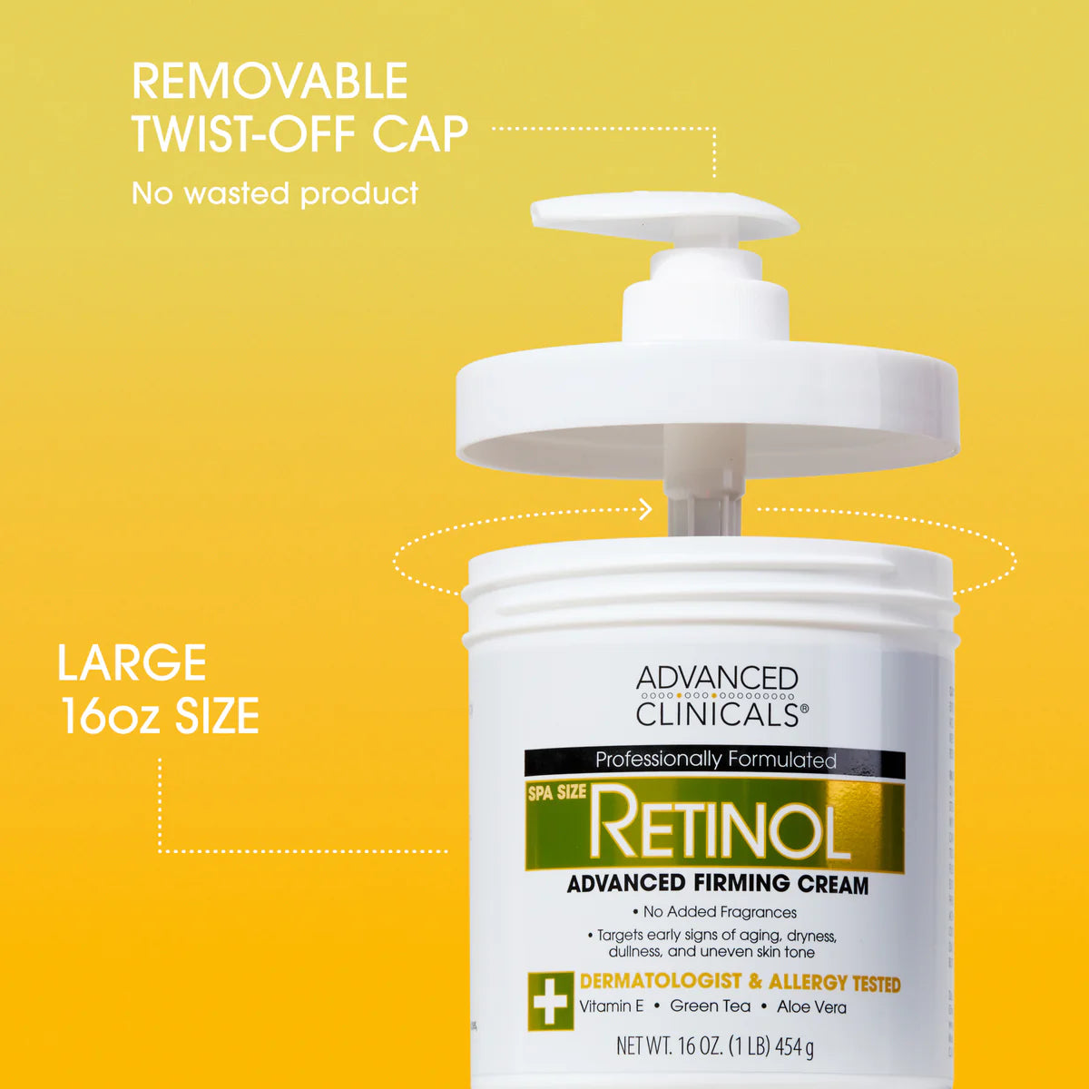 Retinol cream container with pump and text on a yellow background