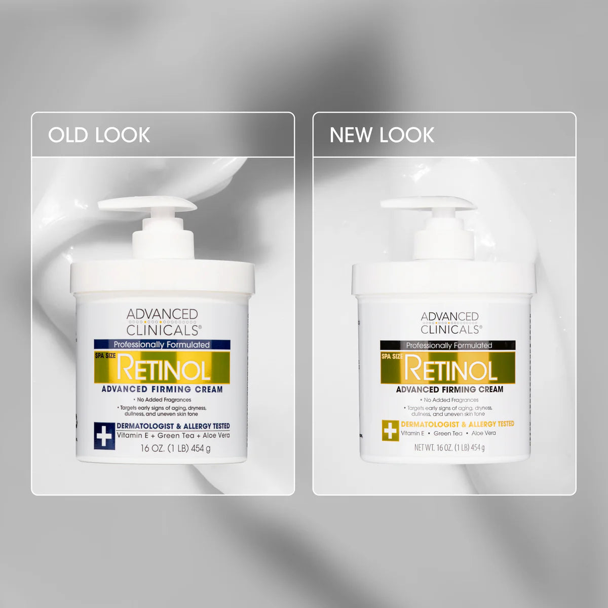 Comparison of 'Advanced Clinicals Retinol' cream packaging with 'Old Look' and 'New Look' labels on a gray background.