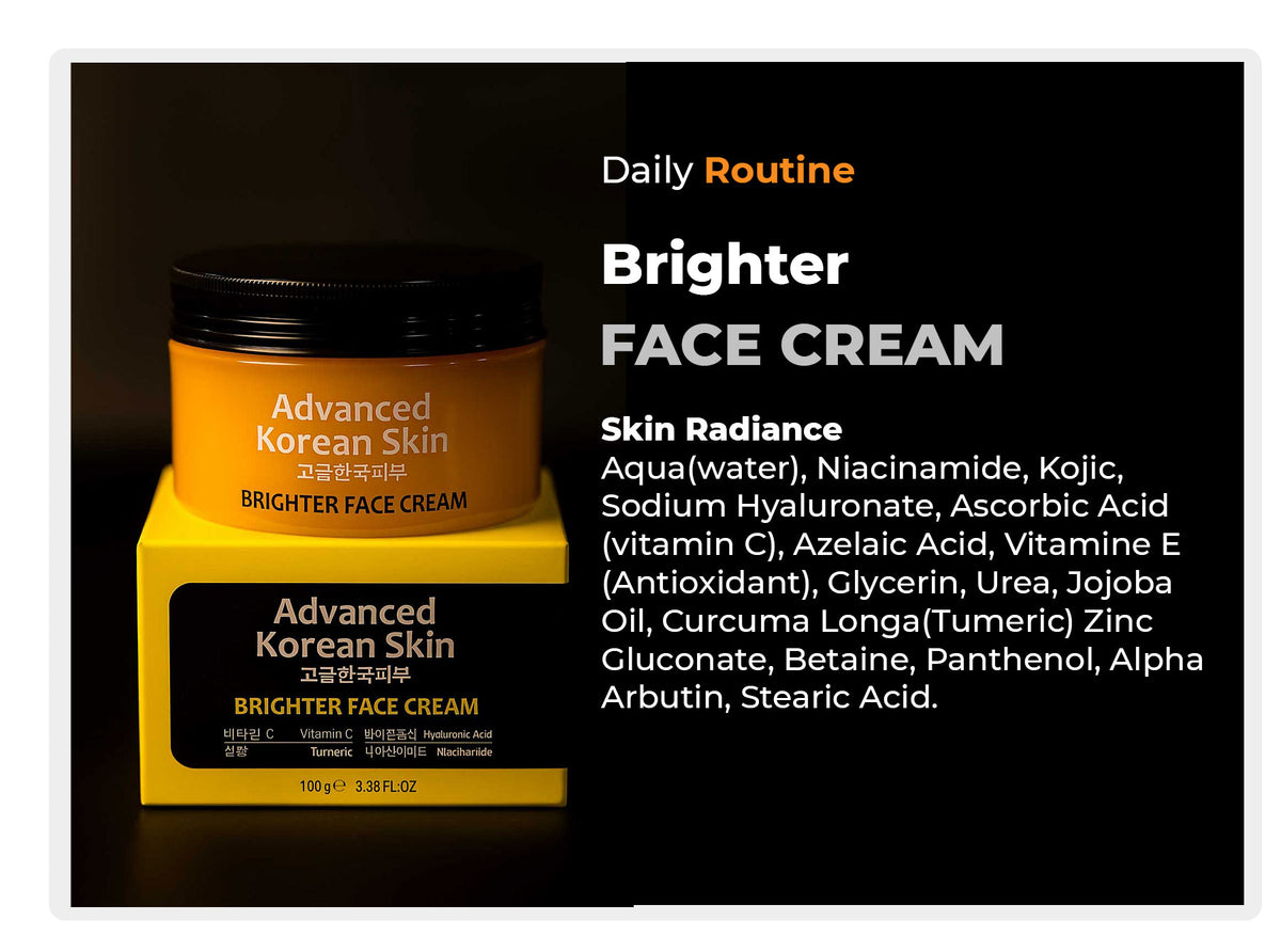 Advanced Korean Skin Brighter Face Cream in a yellow jar with a black lid, displayed on top of its yellow box against a black background, with product details text on the right.