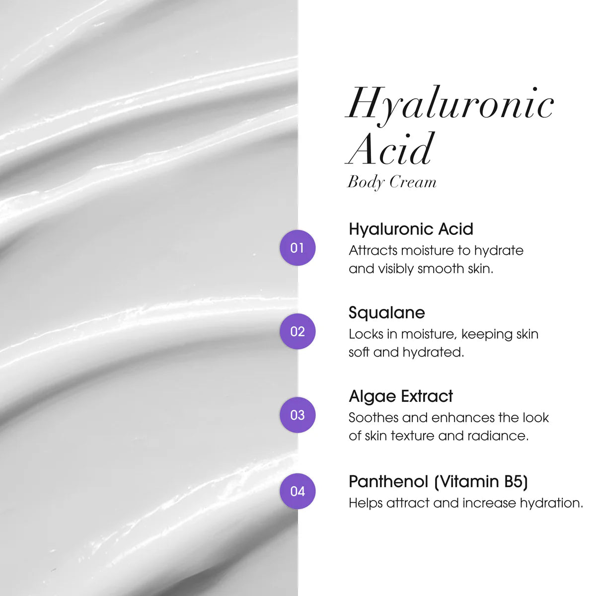 Hyaluronic Acid body cream with ingredient list on a white background