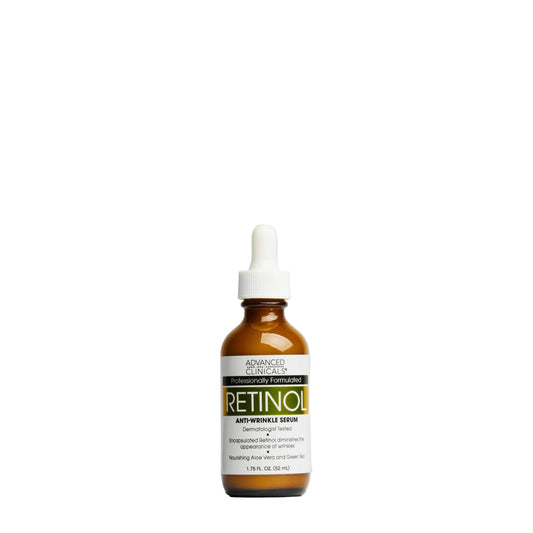Retinol serum bottle with dropper on a white background