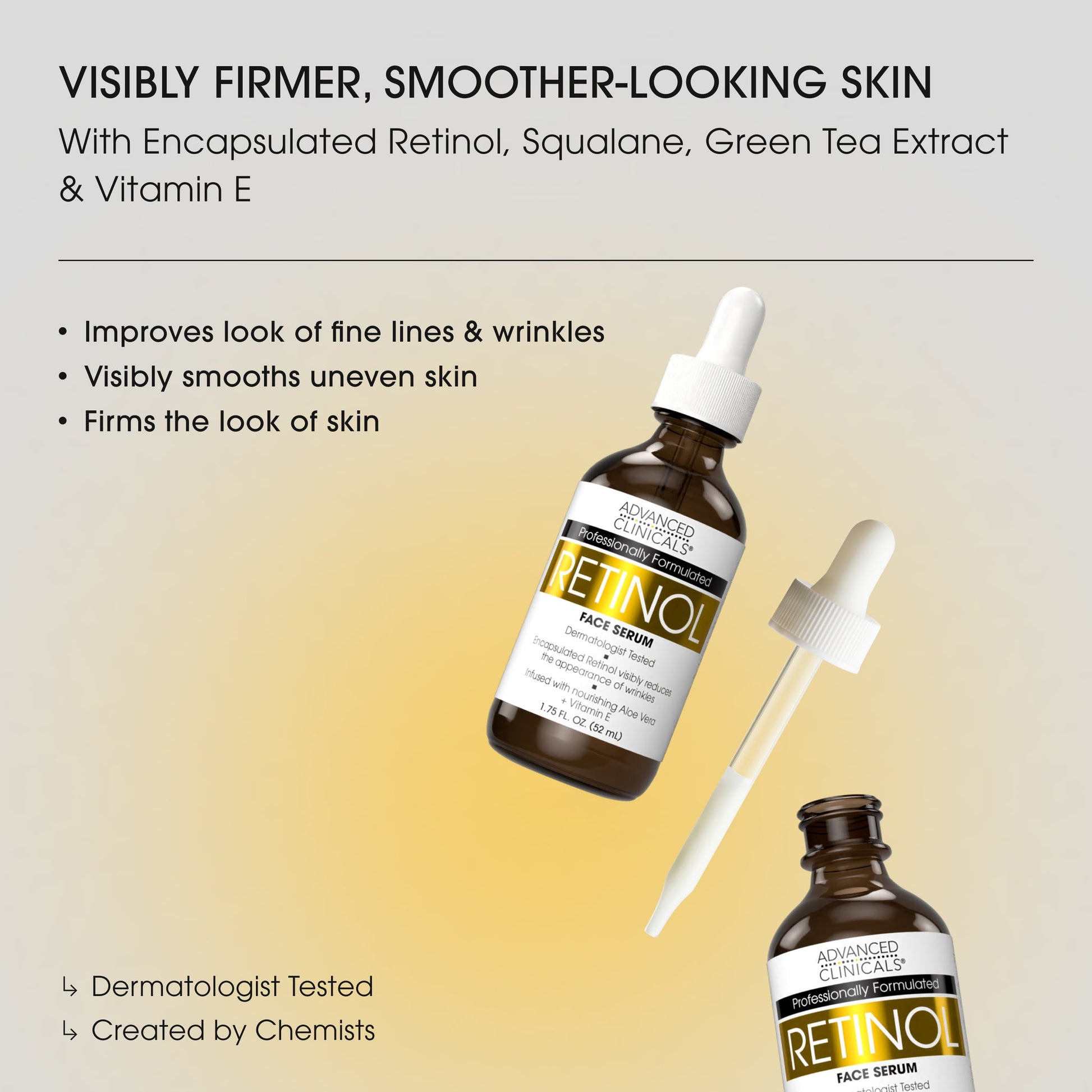 Retinol face serum with dropper bottle on a gradient background