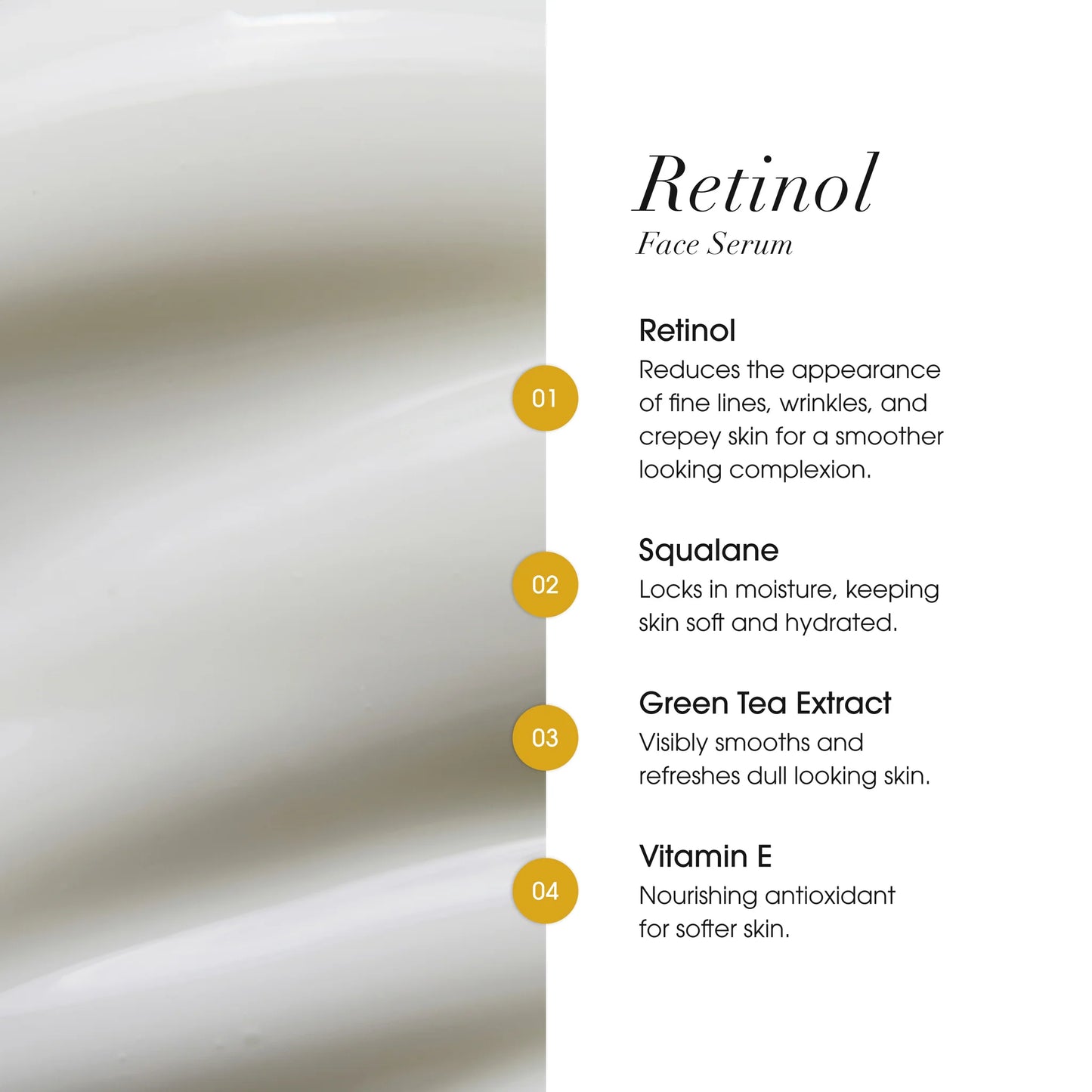 Retinol face serum with ingredients listed on a white background