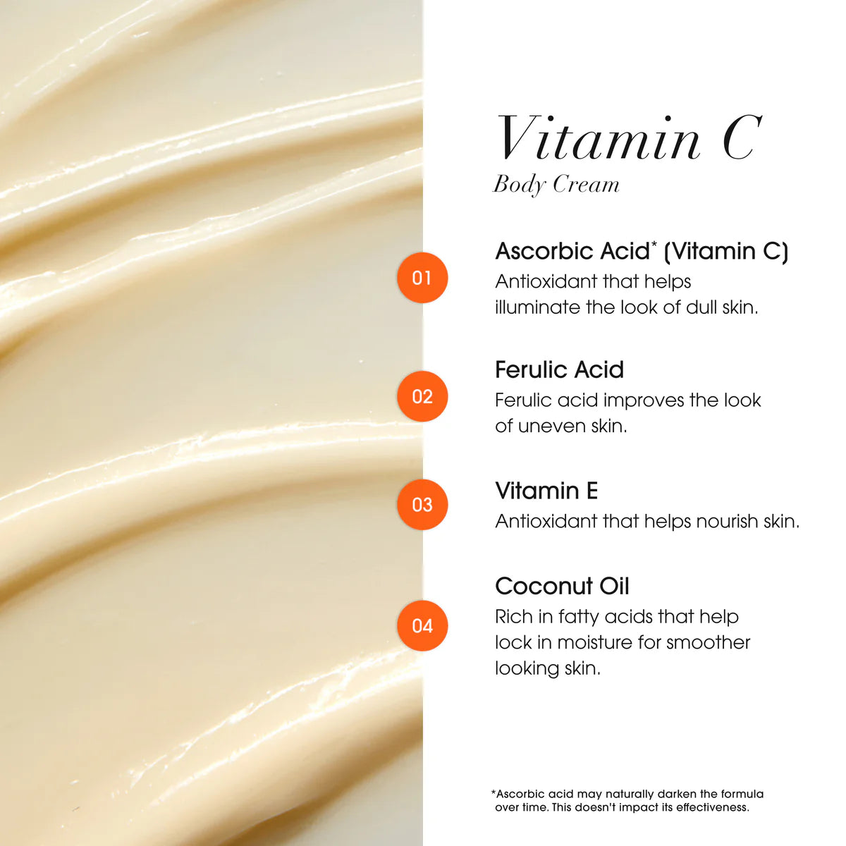 Vitamin C body cream with ingredients listed on a white background