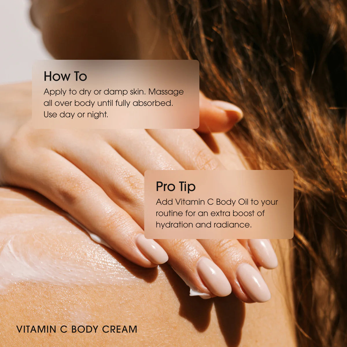 Vitamin C body cream application with text on how to use and a pro tip.