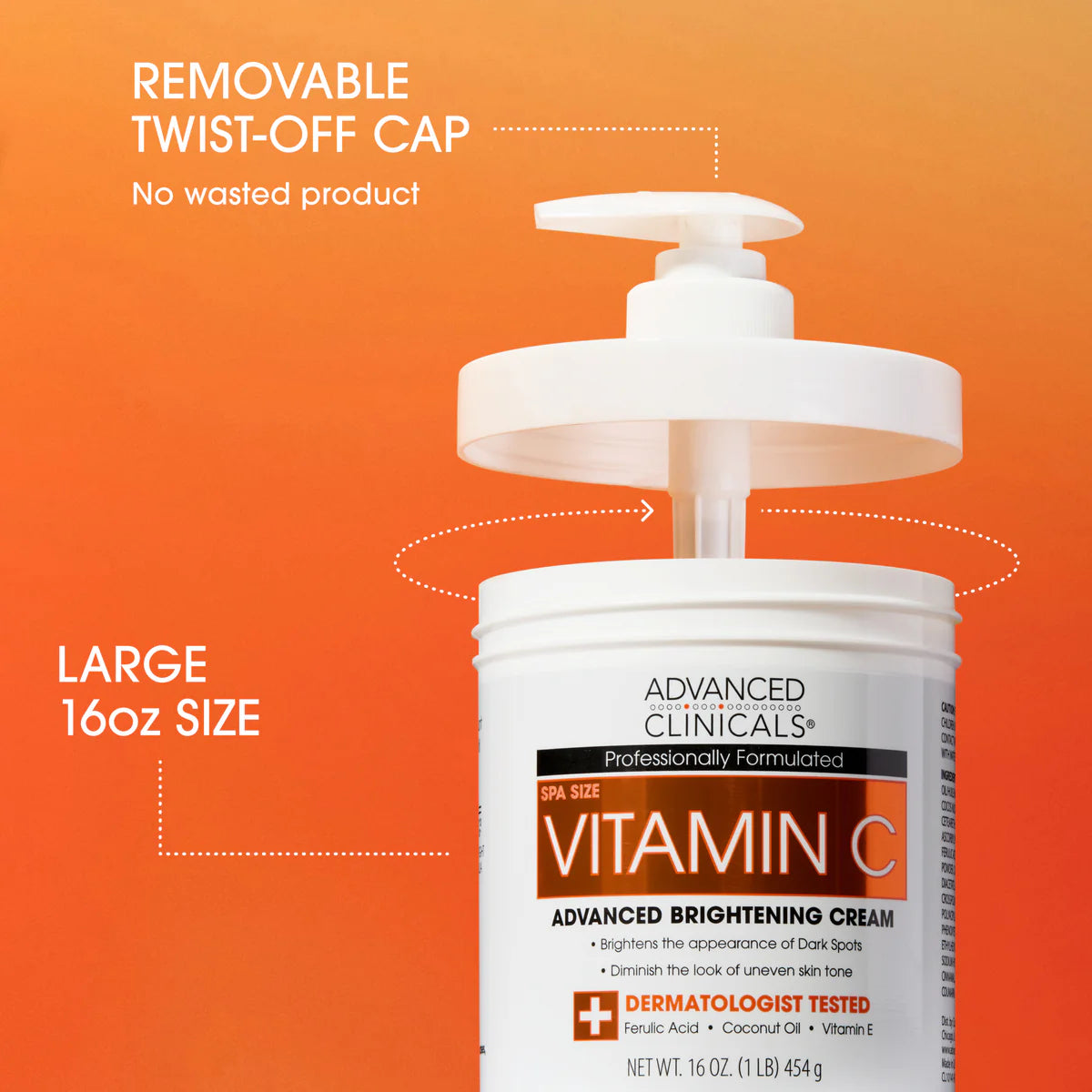 Vitamin C cream container with pump on an orange background