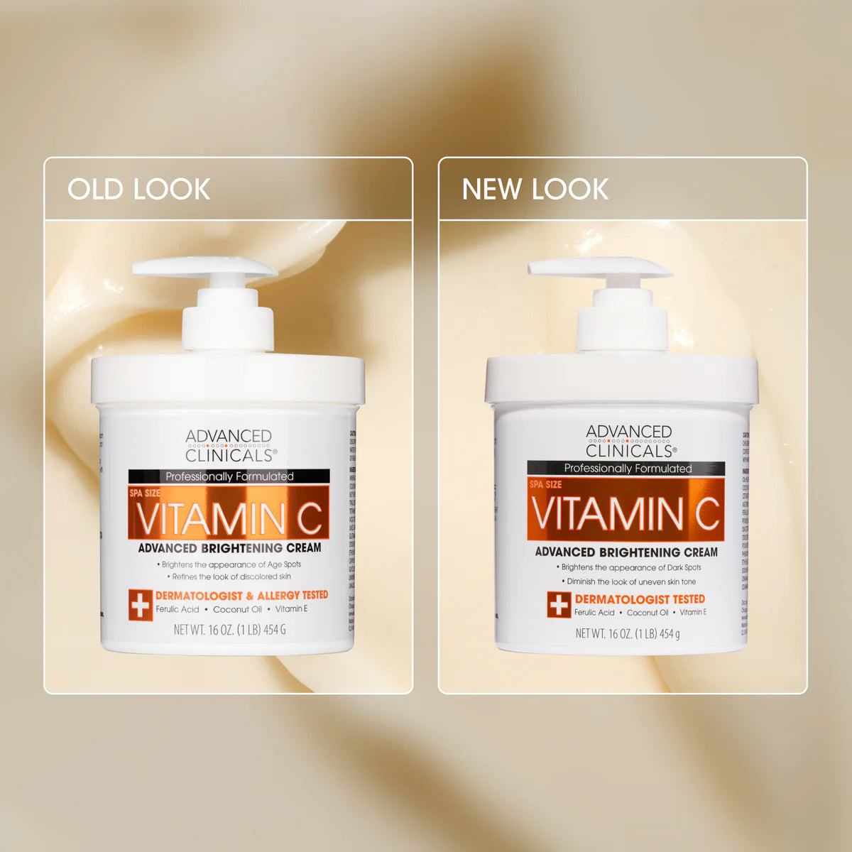 Comparison of Advanced Clinicals Vitamin C cream packaging with 'Old Look' and 'New Look' labels.
