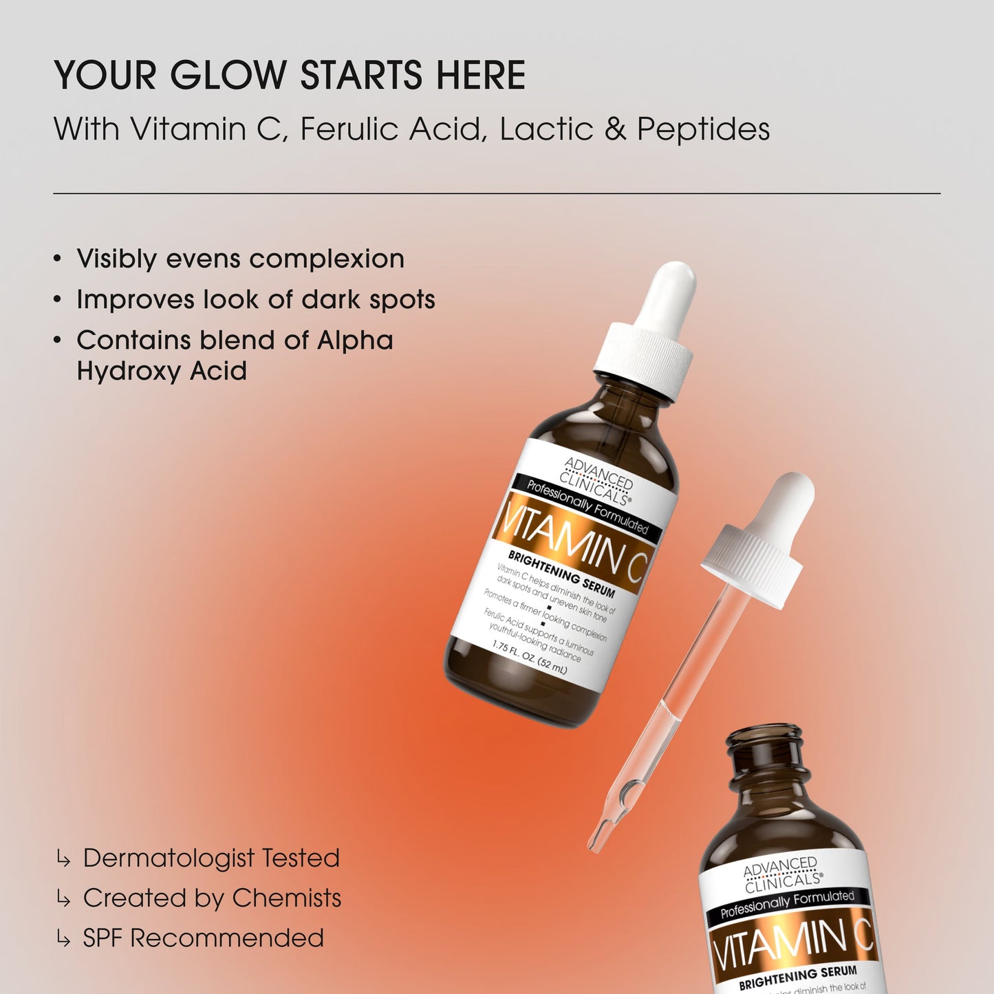 Vitamin C brightening serum with dropper bottle on a gradient background