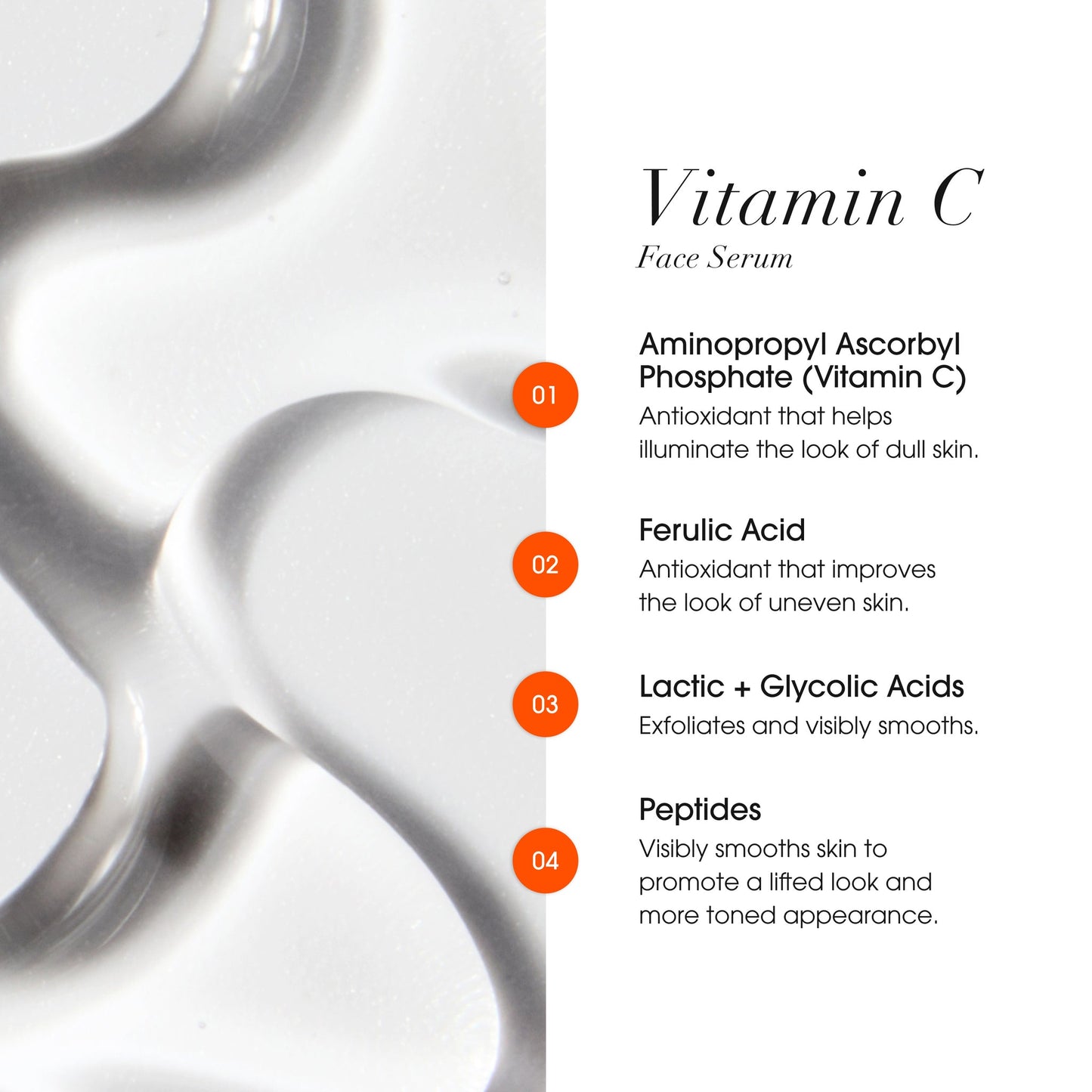 Vitamin C face serum with ingredient list on a white background