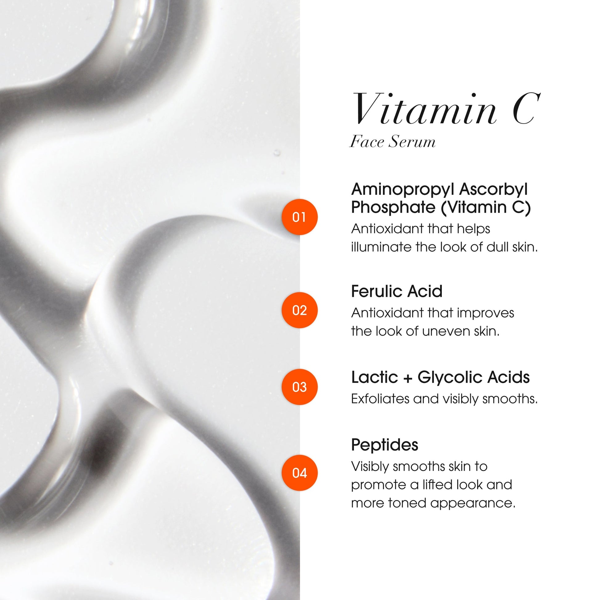 Vitamin C face serum with ingredient list on a white background