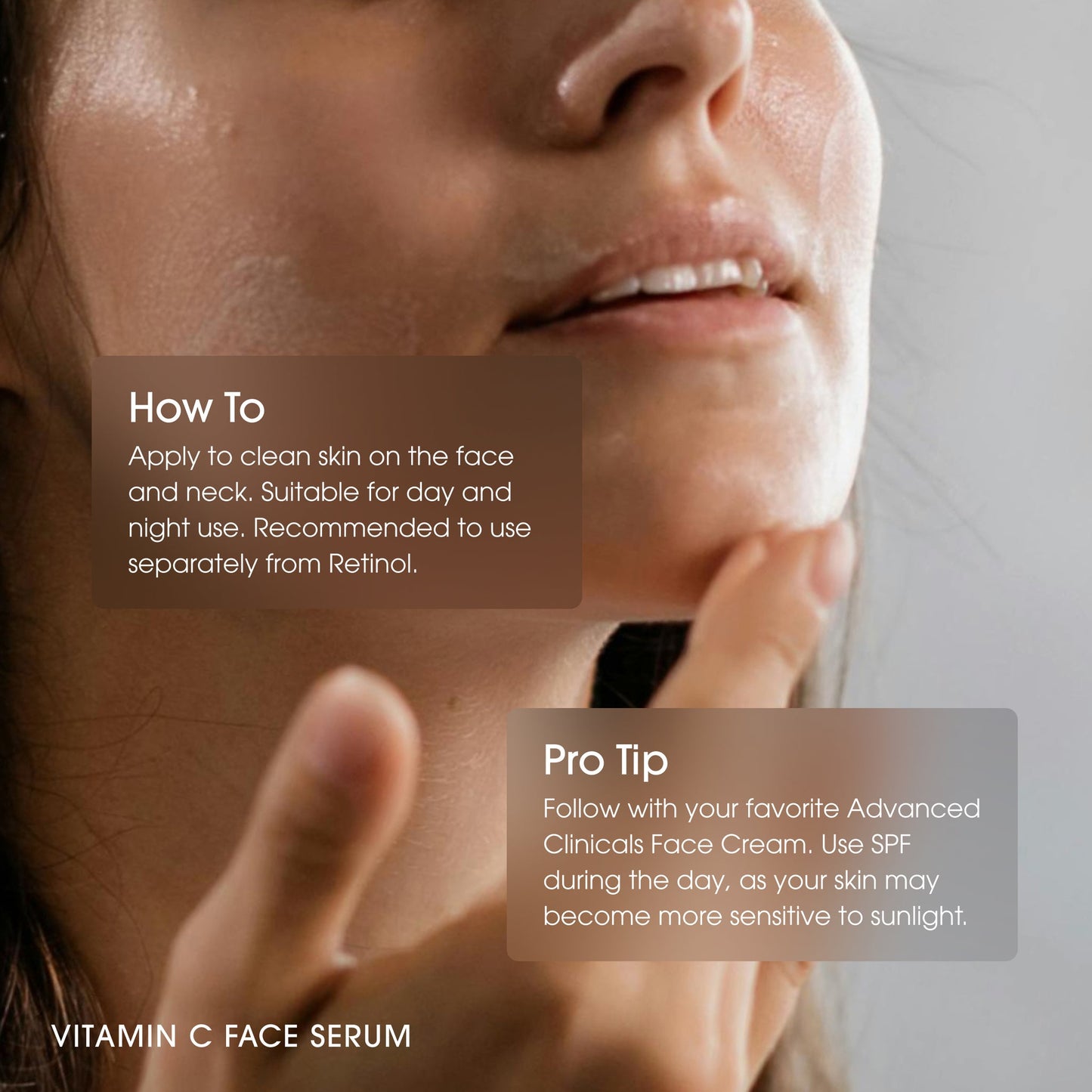 Close-up of a person applying vitamin C face serum with text instructions on use.