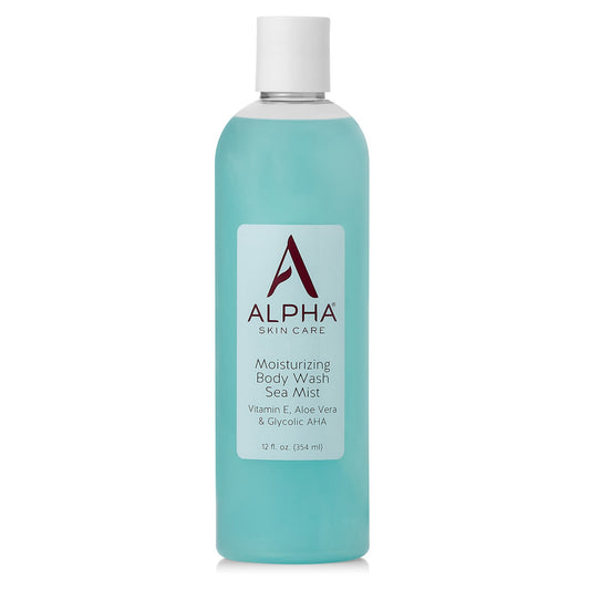 Alpha Skin Care body wash bottle with a white cap on a white background