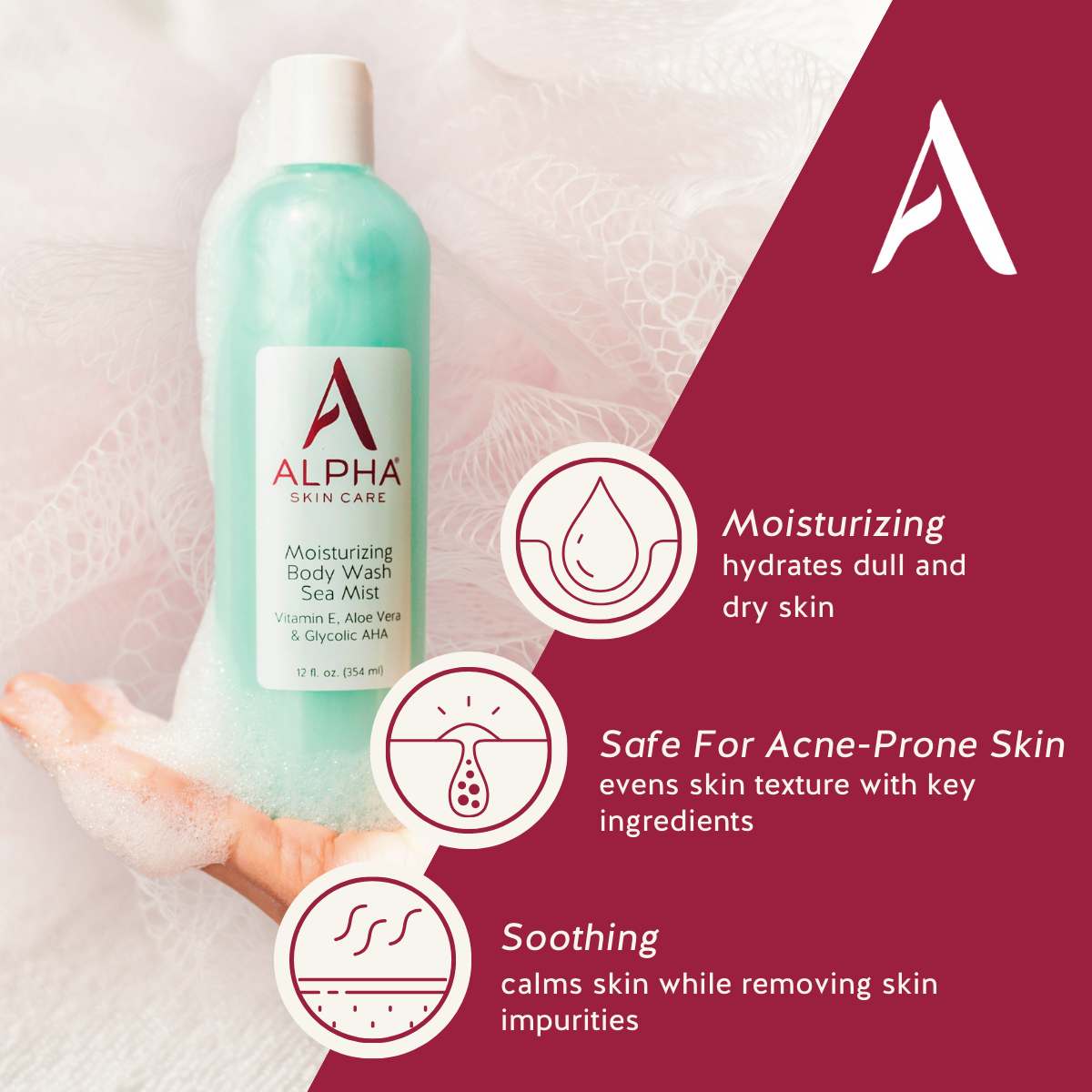Alpha Skin Care body wash bottle with product features on a pink background