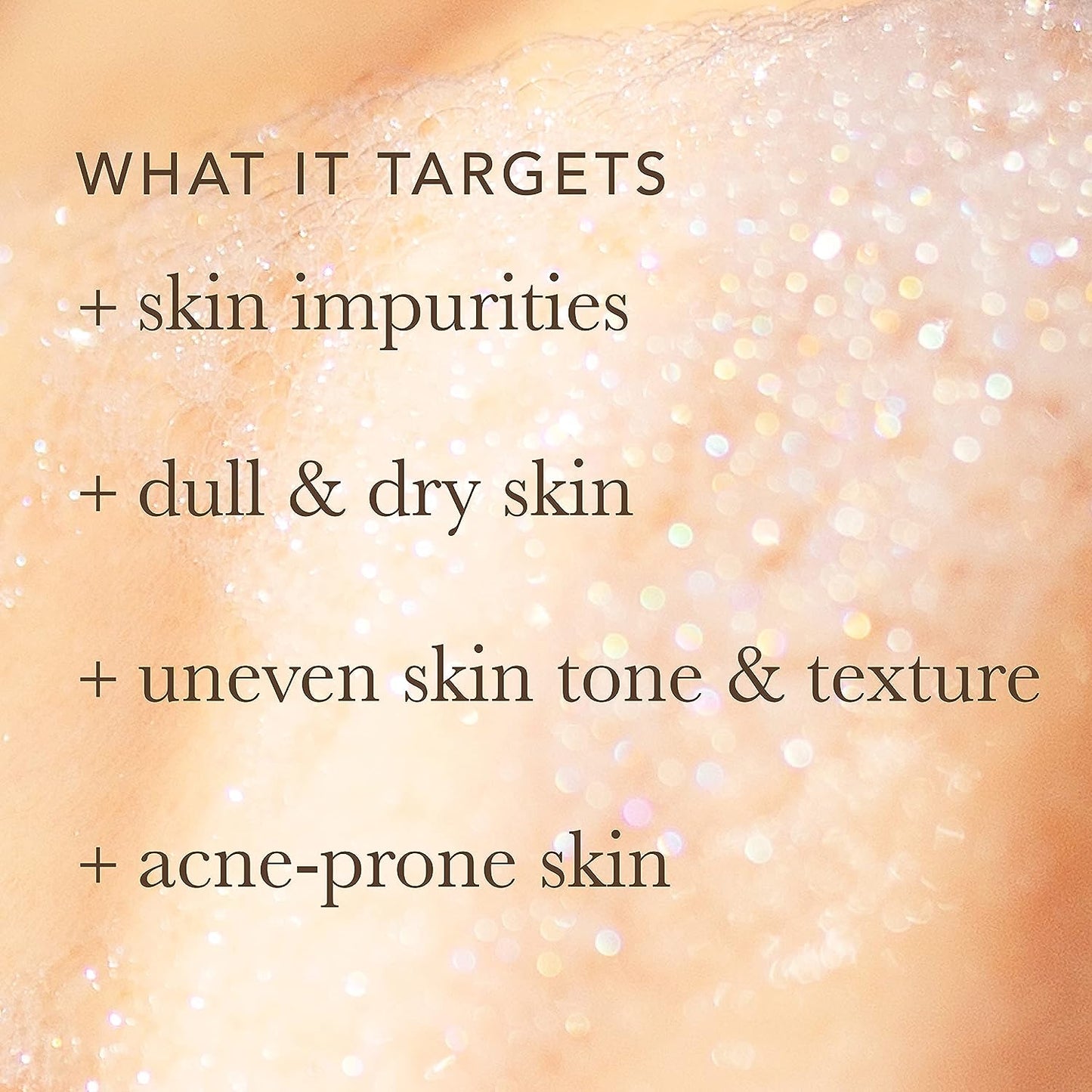 Text listing skin care benefits on a beige background