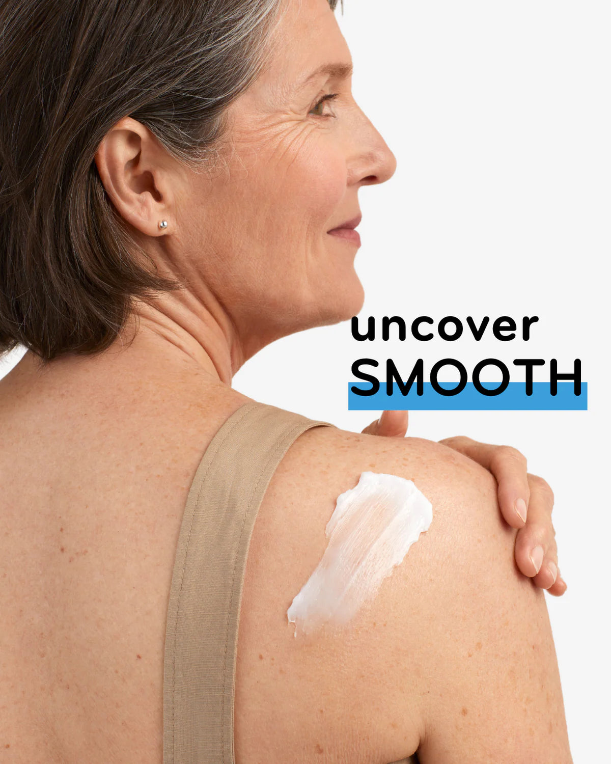 Woman applying cream to her shoulder with 'uncover SMOOTH' text.