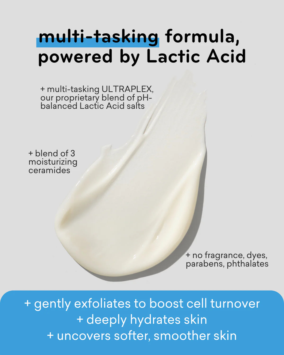 Skincare product with text highlighting its multi-tasking formula and benefits on a light gray background.
