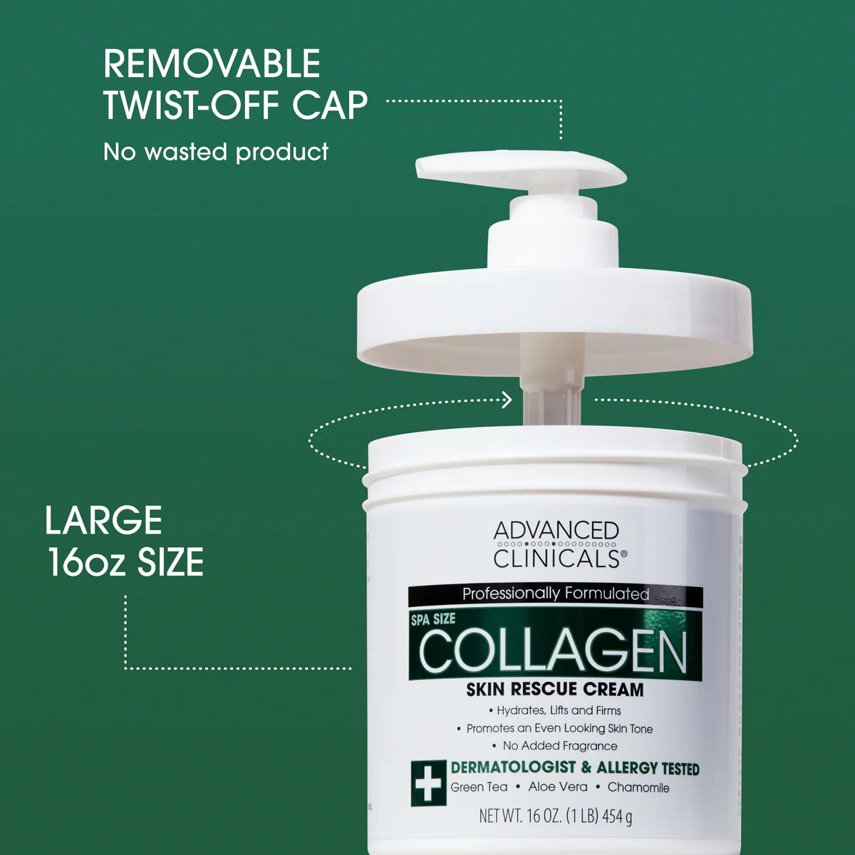 Collagen skin rescue cream with a pump and text highlighting features on a green background