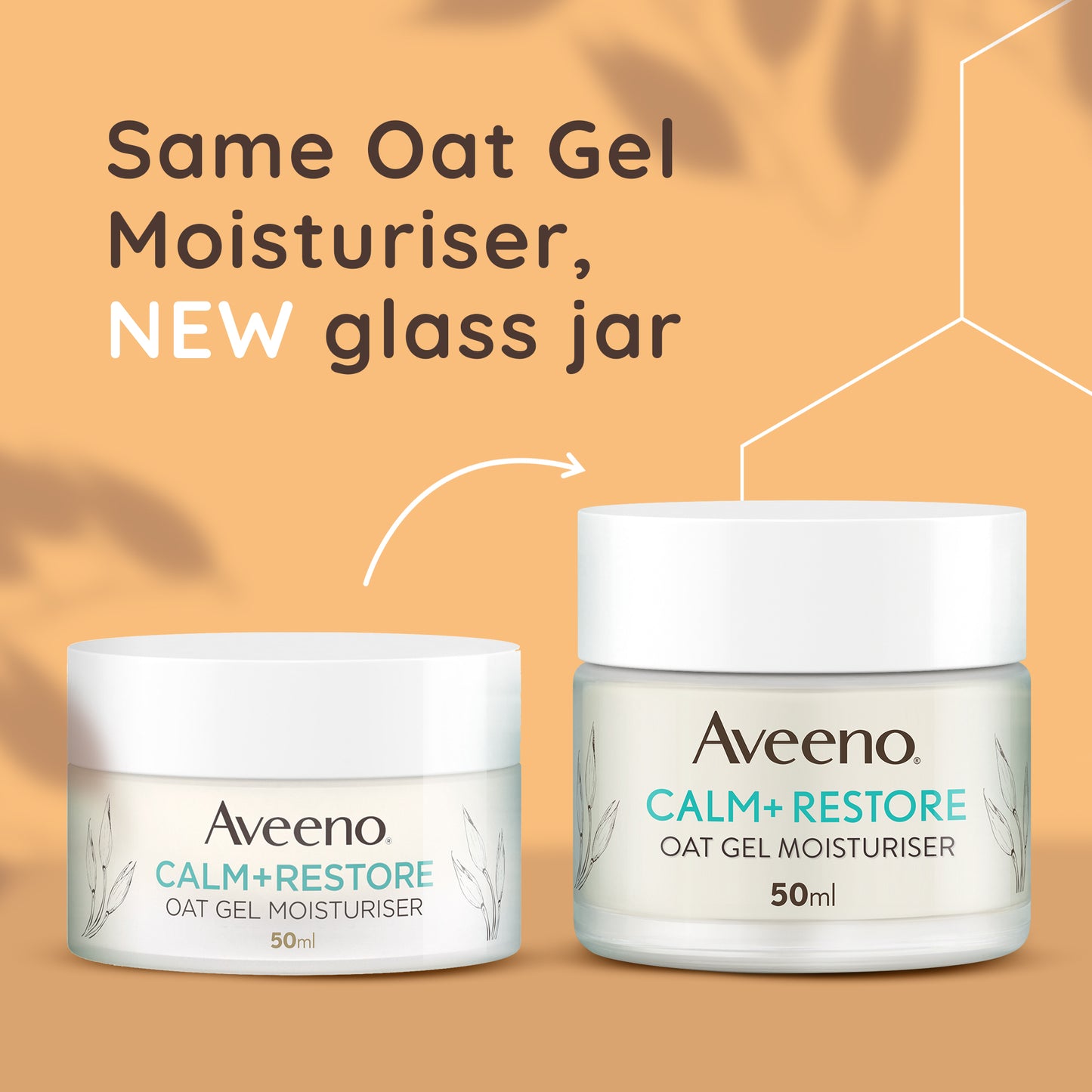 Two 50ml jars of Aveeno Calm + Restore Oat Gel Facial Moisturiser for Sensitive Skin are shown. The left jar is white, and the right is clear glass. Text above states, Same Prebiotic Oat Gel Moisturiser, NEW glass jar, against a light brown background.