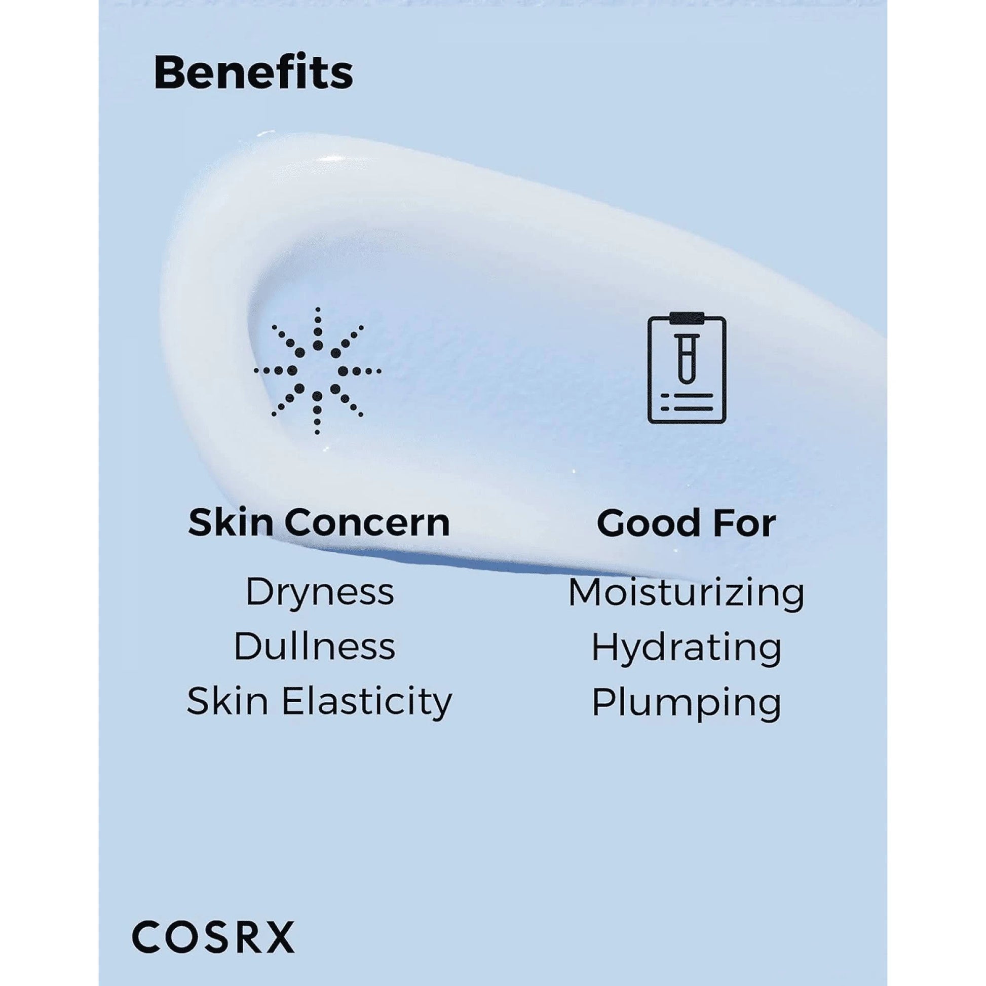 COSRX Hyaluronic Acid Intensive Cream benefits: targets dryness, dullness, and elasticity. Best for moisturizing, hydrating, and plumping skin.