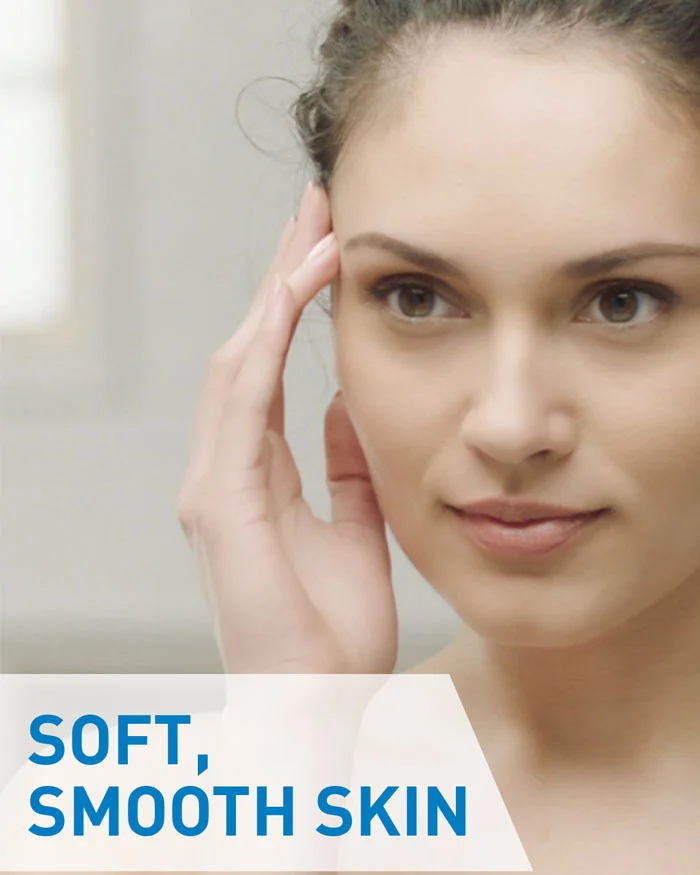 Woman with soft, smooth skin and text 'SOFT, SMOOTH SKIN' on a light background