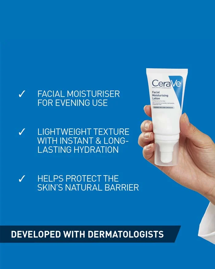CeraVe facial moisturizer tube held in a hand with product details on a blue background