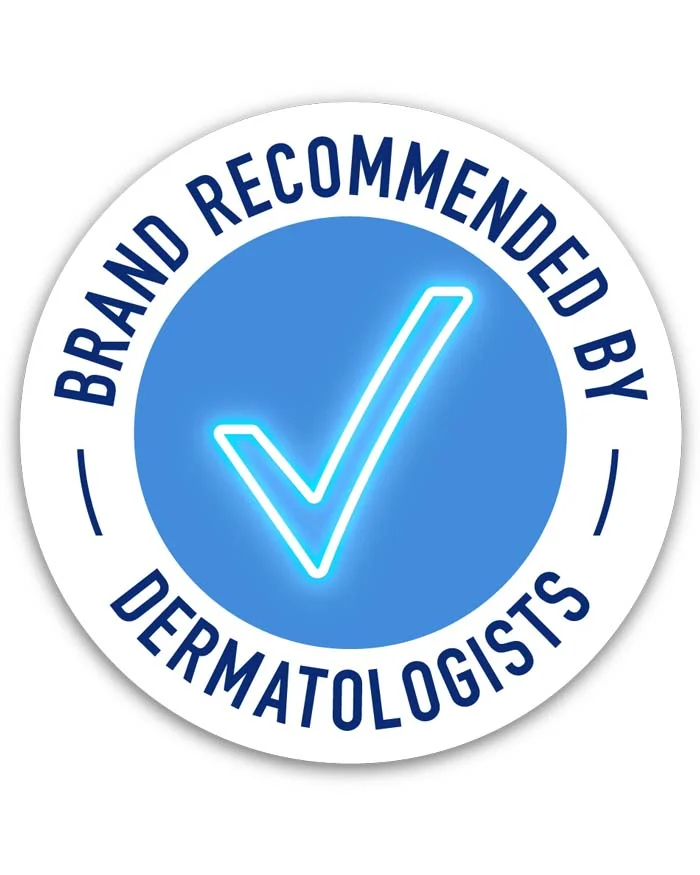 Circular badge with 'Brand Recommended by Dermatologists' text and a check mark on a white background