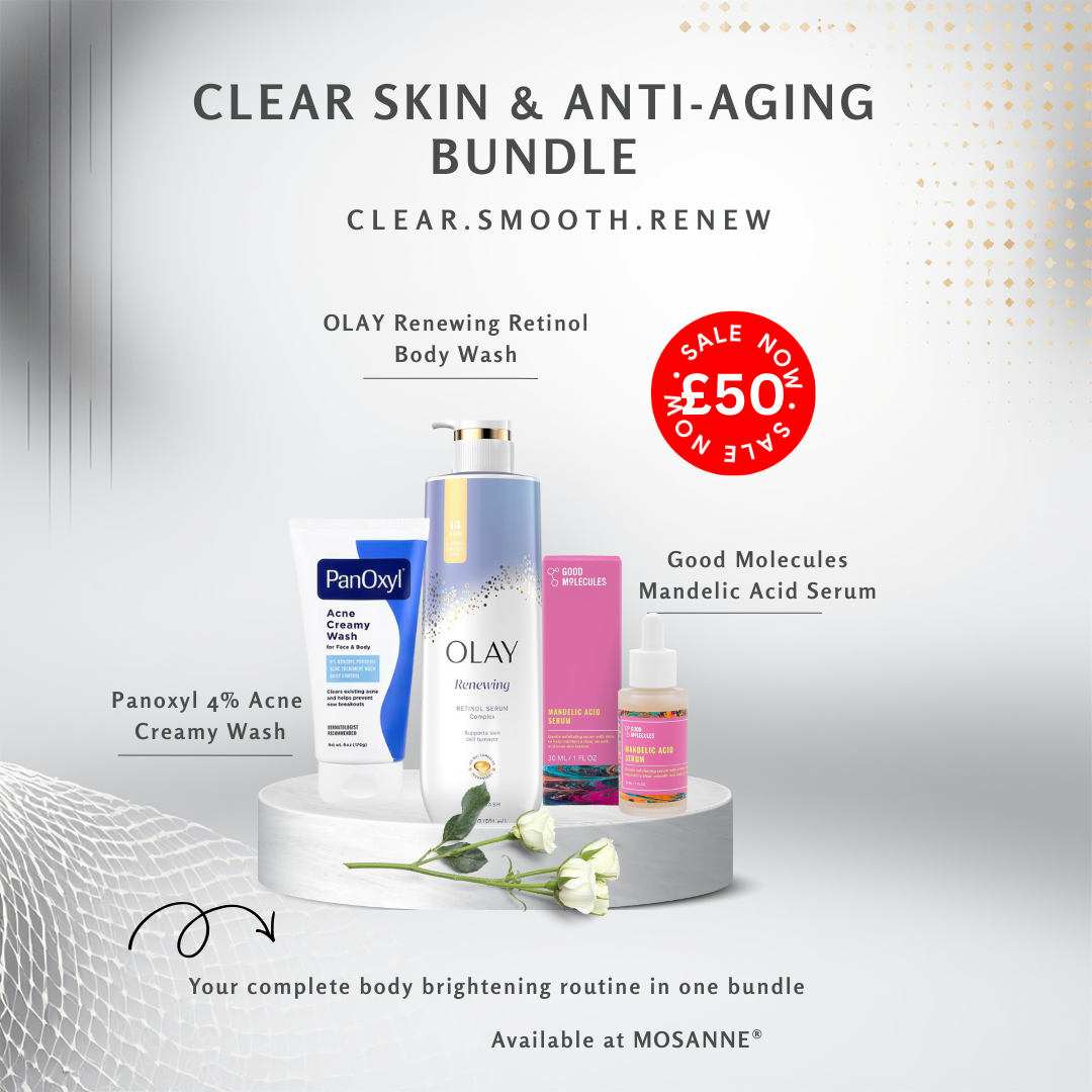 Clear skin and anti-aging bundle with Olay and Panoxyl products on a white background.