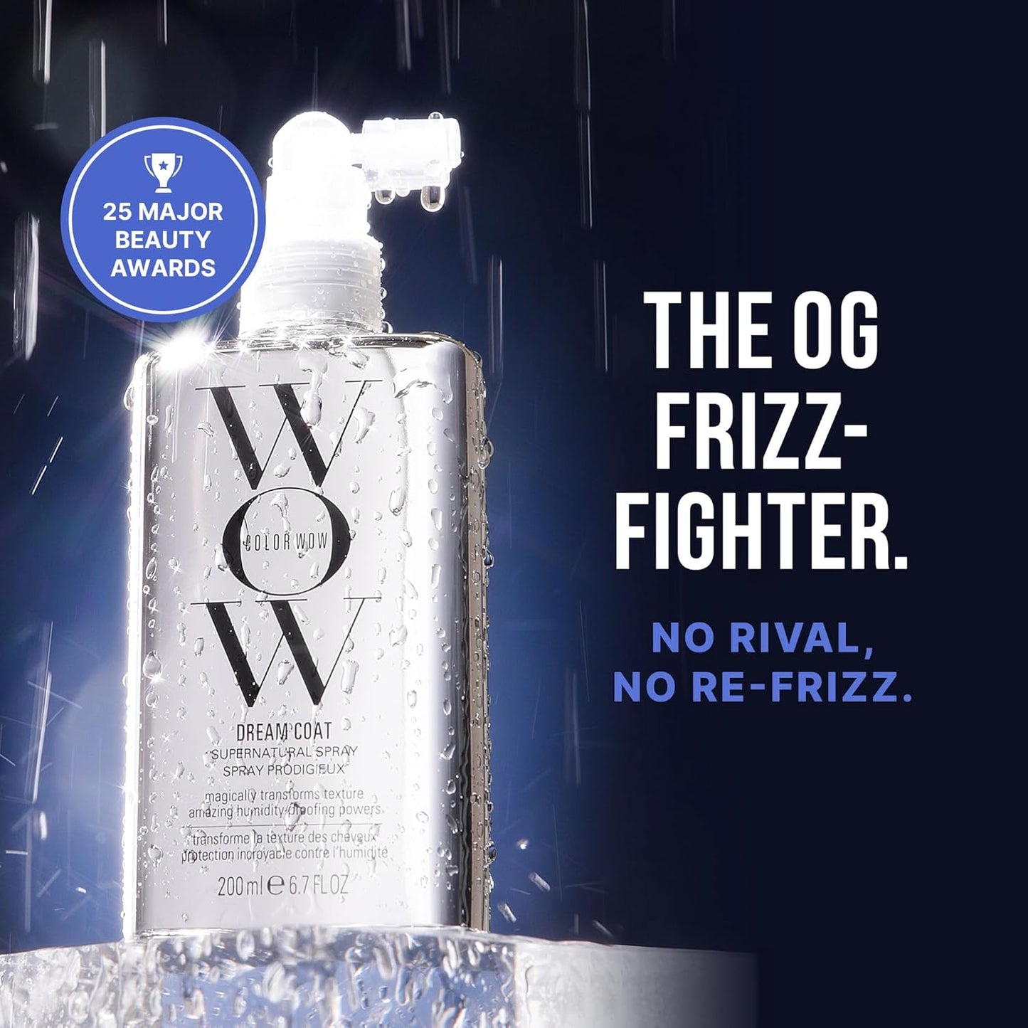Bottle of WOW Haircare product with text 'The OG Frizz-Fighter' and '25 Major Beauty Awards' on a dark background.