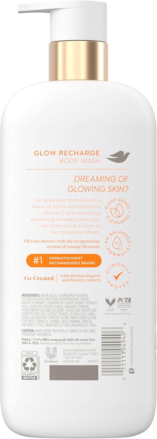 Body wash bottle with pump labeled 'Glow Recharge' on a white background