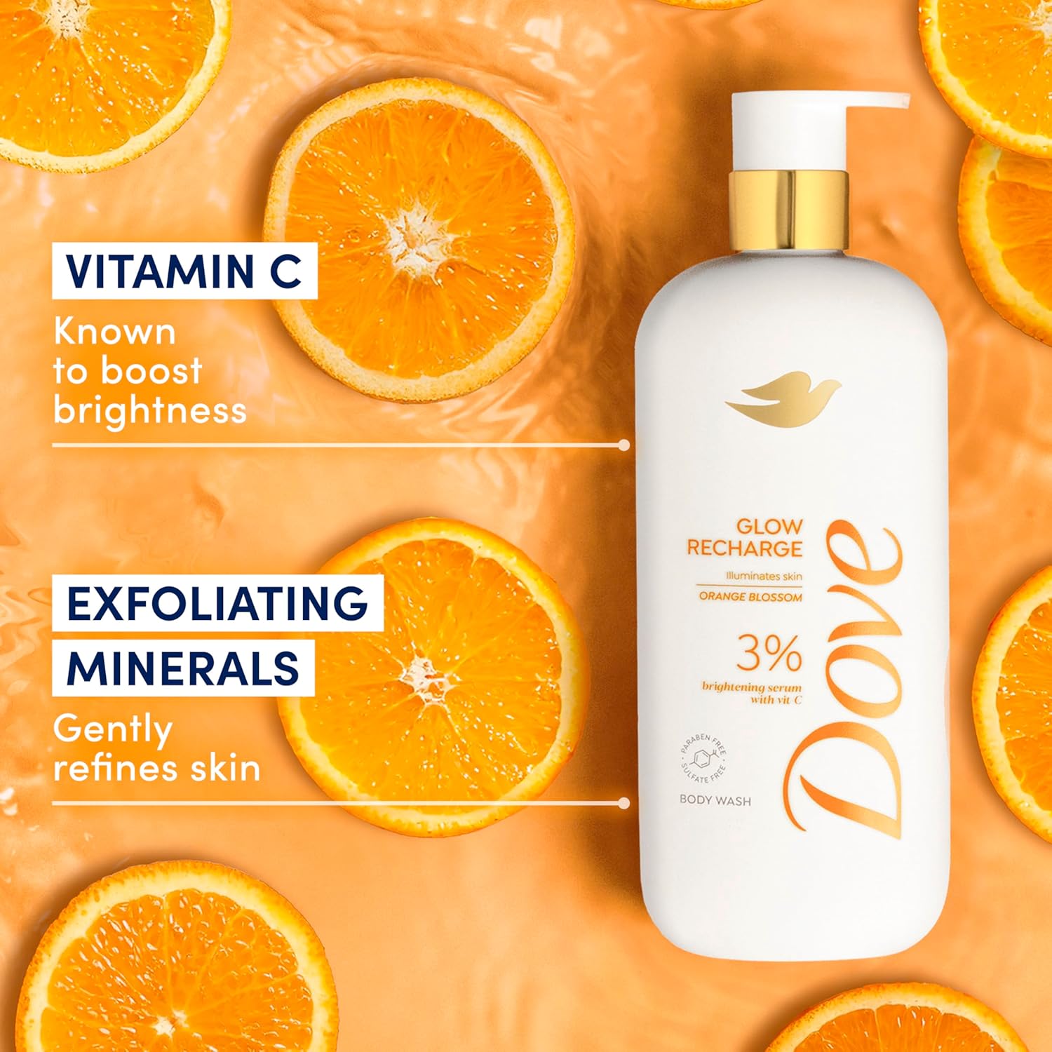 Dove body wash bottle with oranges on an orange background