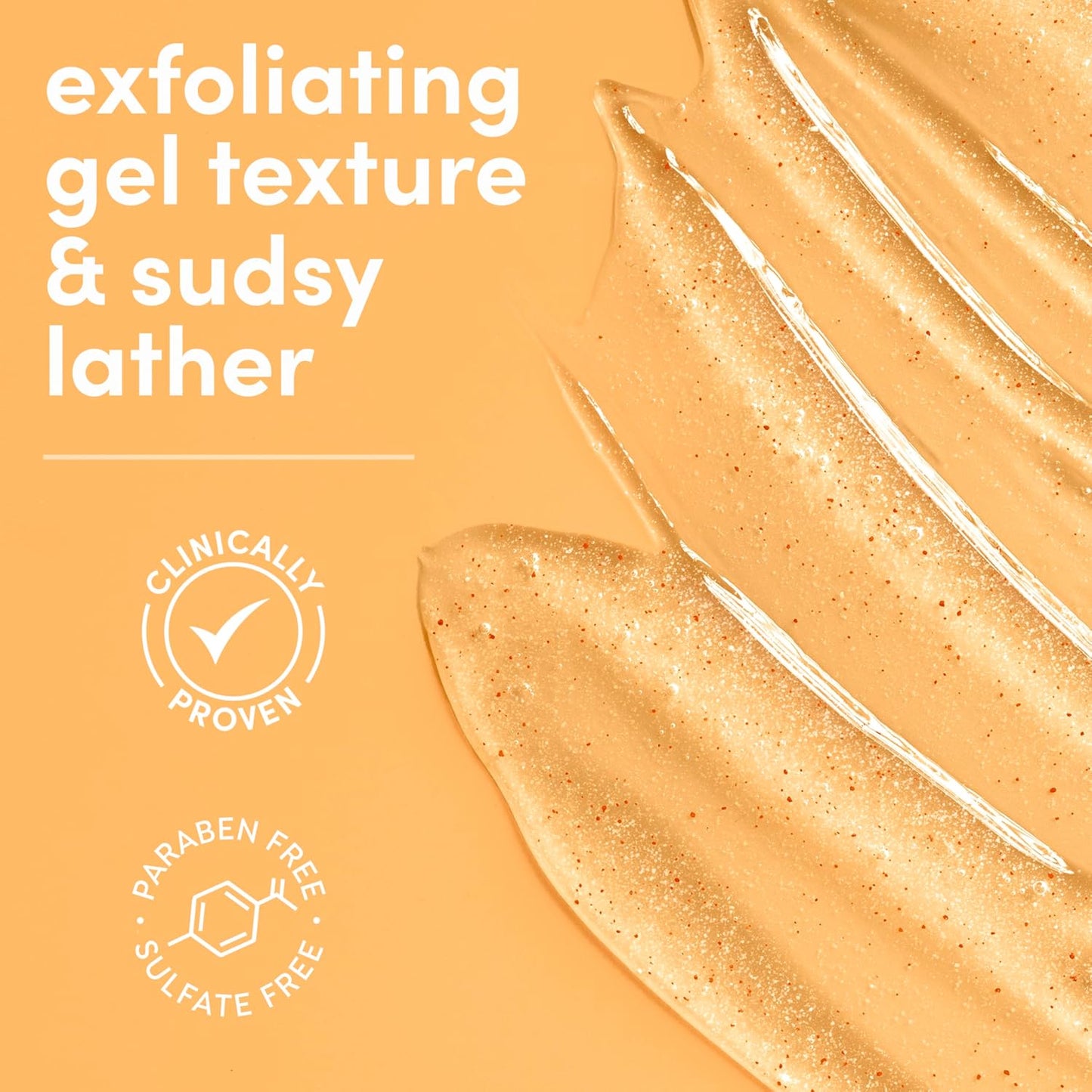 Exfoliating gel texture and sudsy lather with 'Clinically Proven' and 'Paraben Free, Sulfate Free' labels on an orange background.