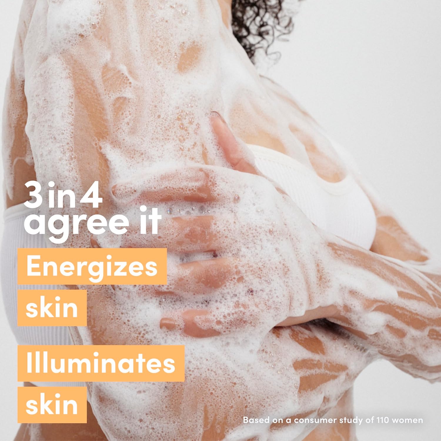 Person with soapy hands and text about skin benefits